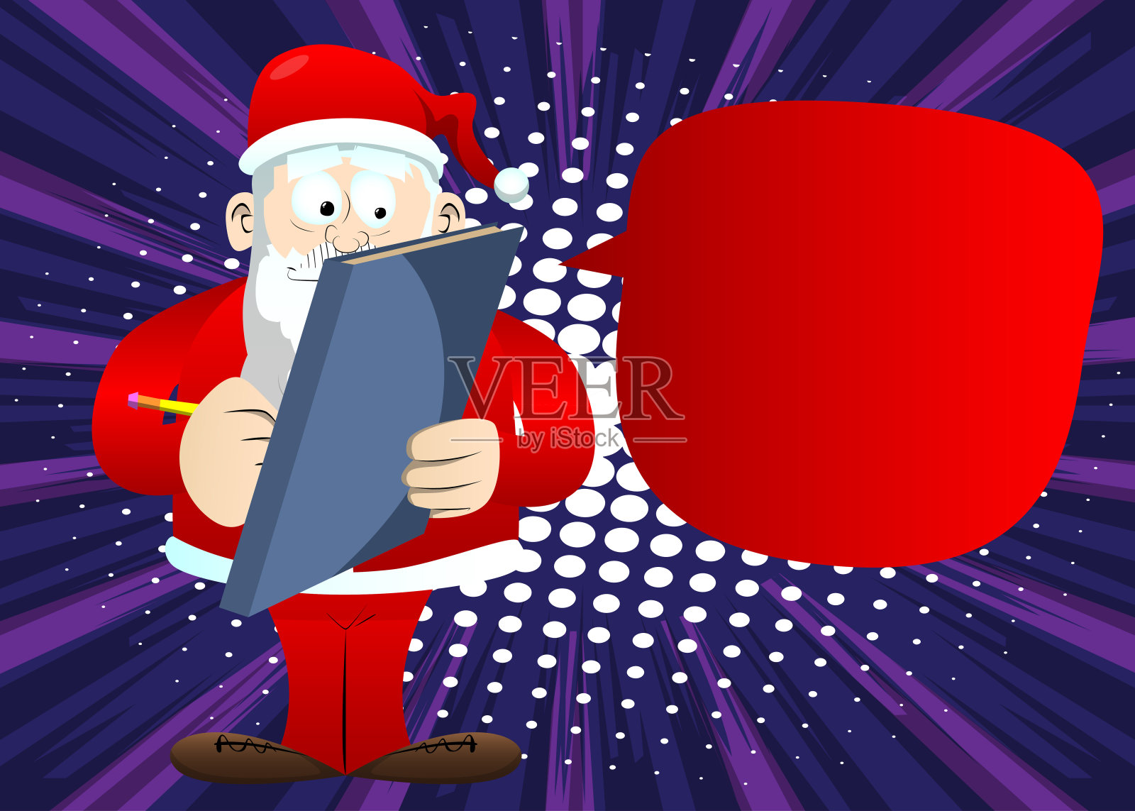 圣诞老人穿着红衣服，留着白胡子，在书的封面上写着。插画图片素材