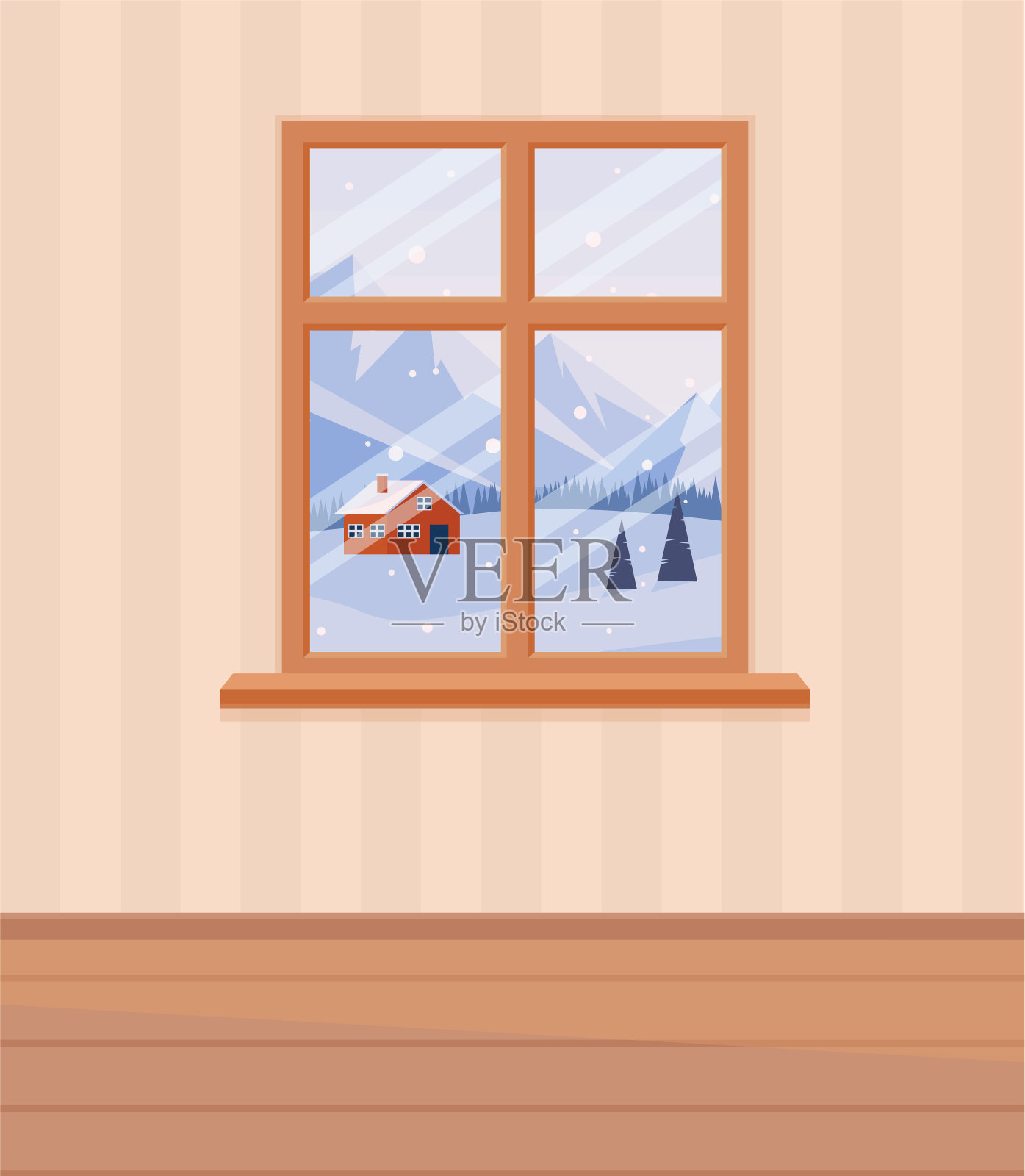 进入冬季景观窗口。平面卡通风格的矢量插图。插画图片素材