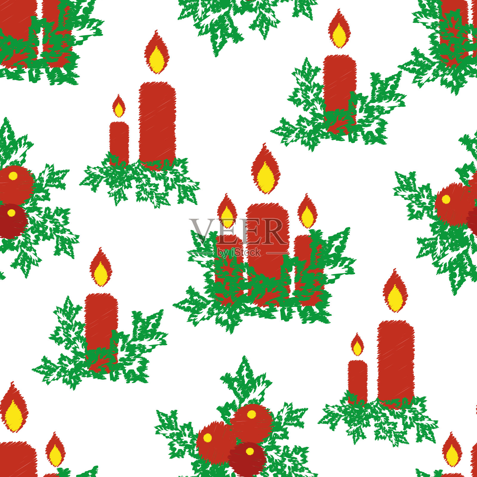 圣诞节日蜡烛，浆果，冬青无缝矢量图案。节日背景与传统散乱的图案涂鸦风格。红色，绿色，白色的季节性设计背景为冬季插画图片素材