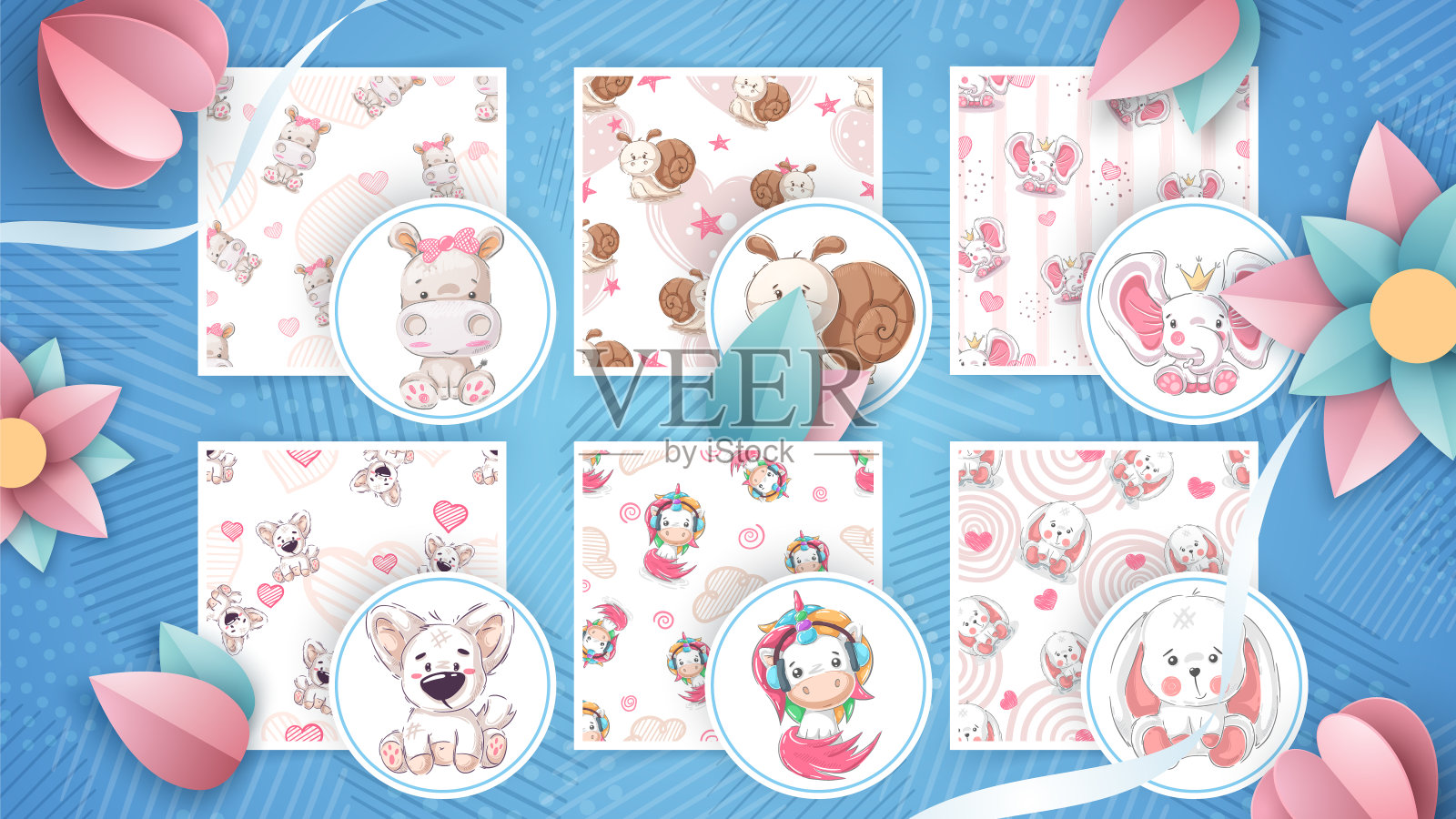 设置可爱的动物-无缝图案插画图片素材