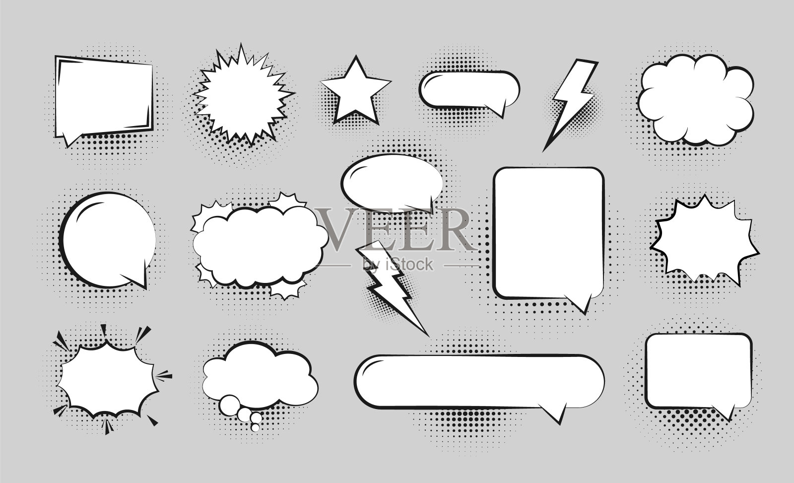 一组空洞的喜剧演讲气泡不同的形状与半色调阴影。复古设计，波普艺术风格。矢量图插画图片素材