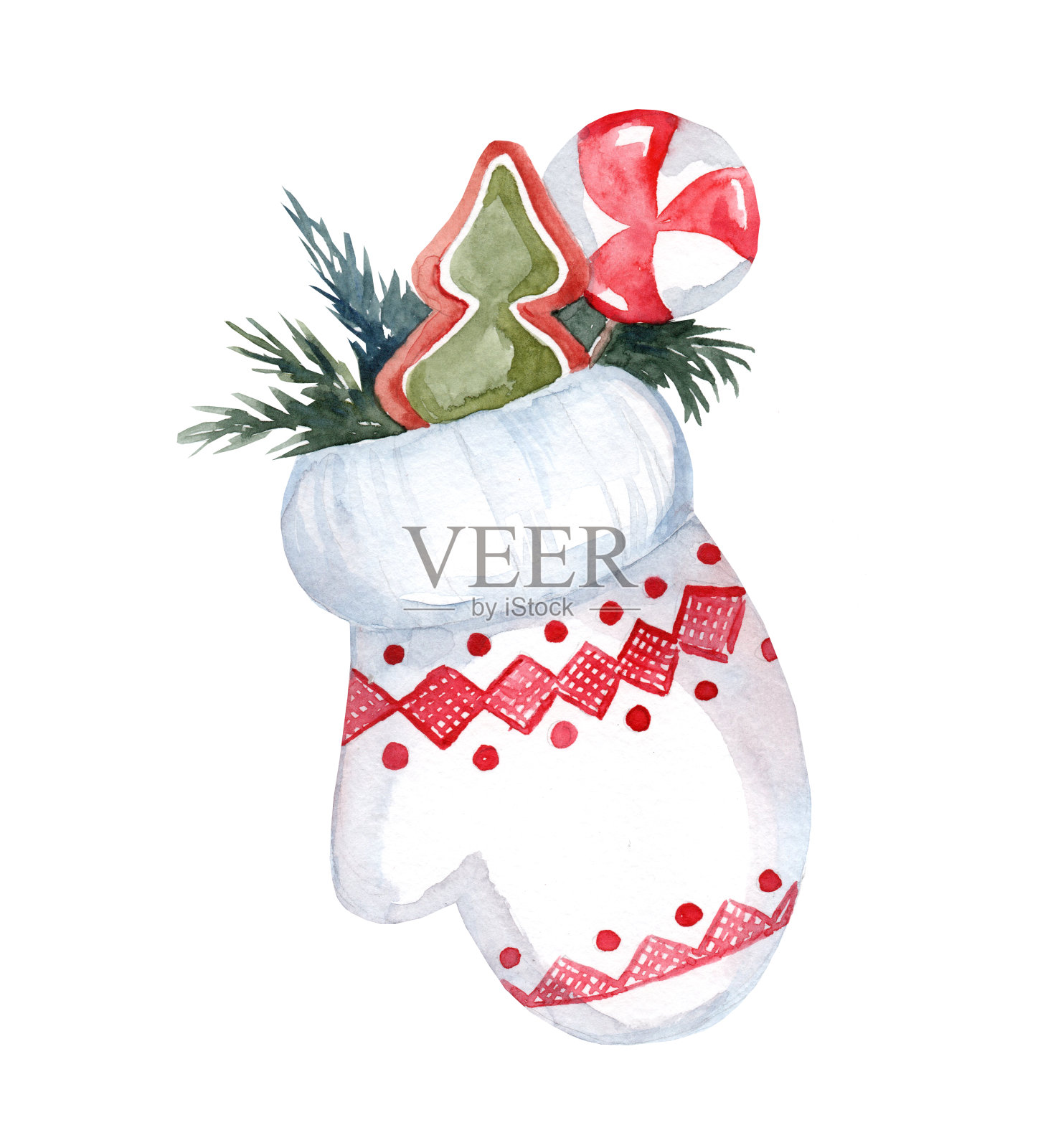 用糖果和冷杉树枝连在一起的水彩画。冬天的时间。圣诞节和新年的礼物。插画图片素材