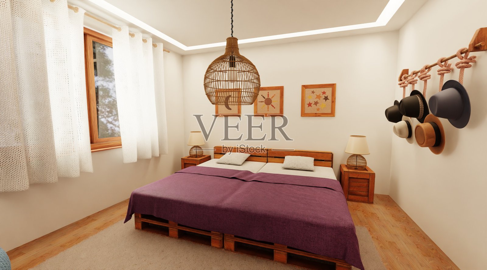 逼真的3D卧室室内渲染照片摄影图片