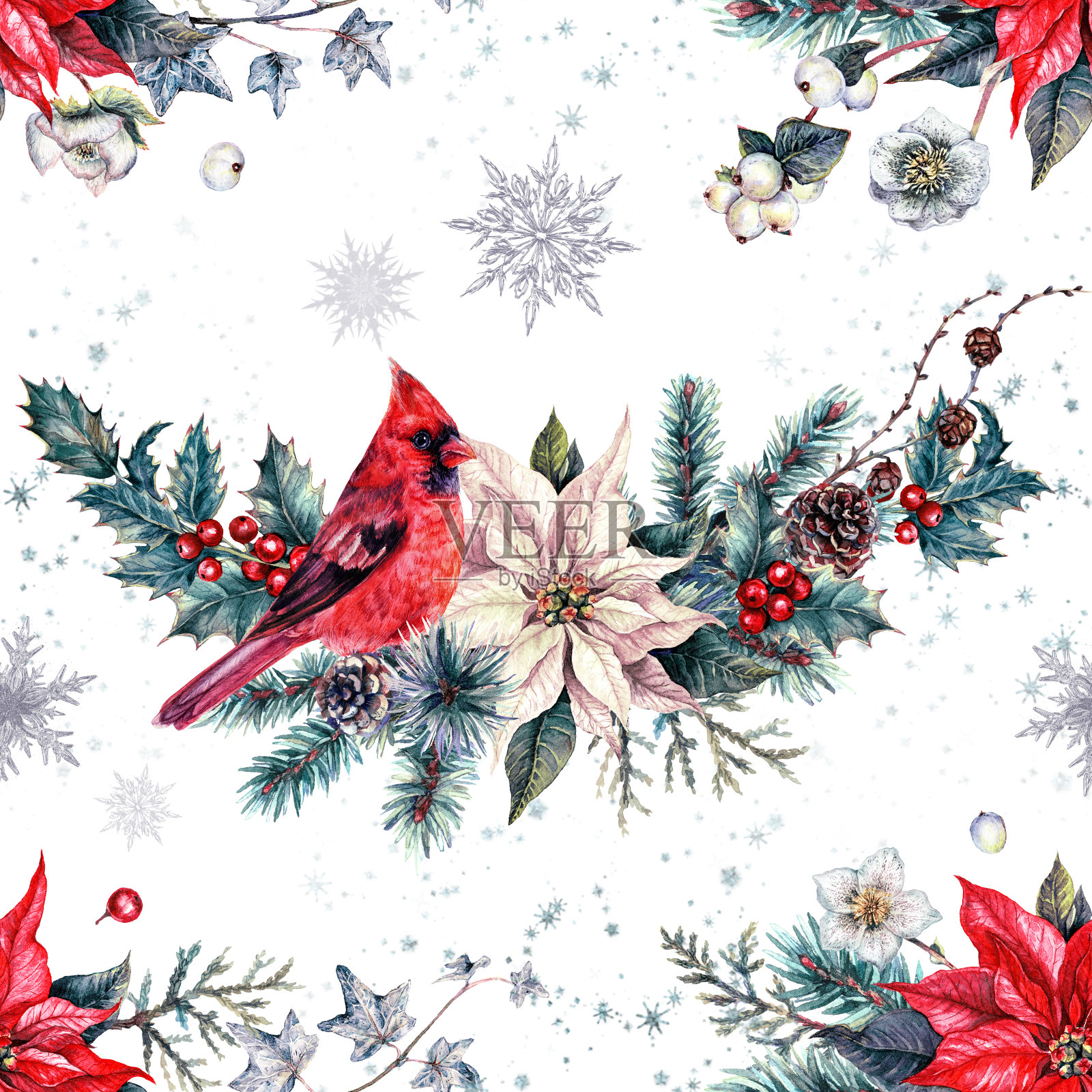 水彩圣诞花无缝图案孤立在白色。插画图片素材
