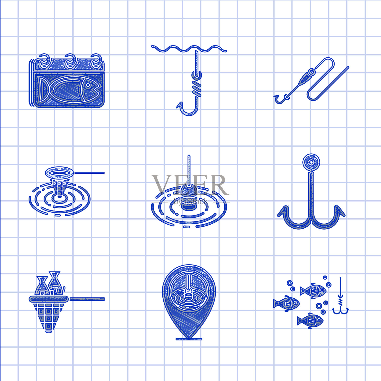 设置钓鱼浮子在水中位置的鱼钩图标素材