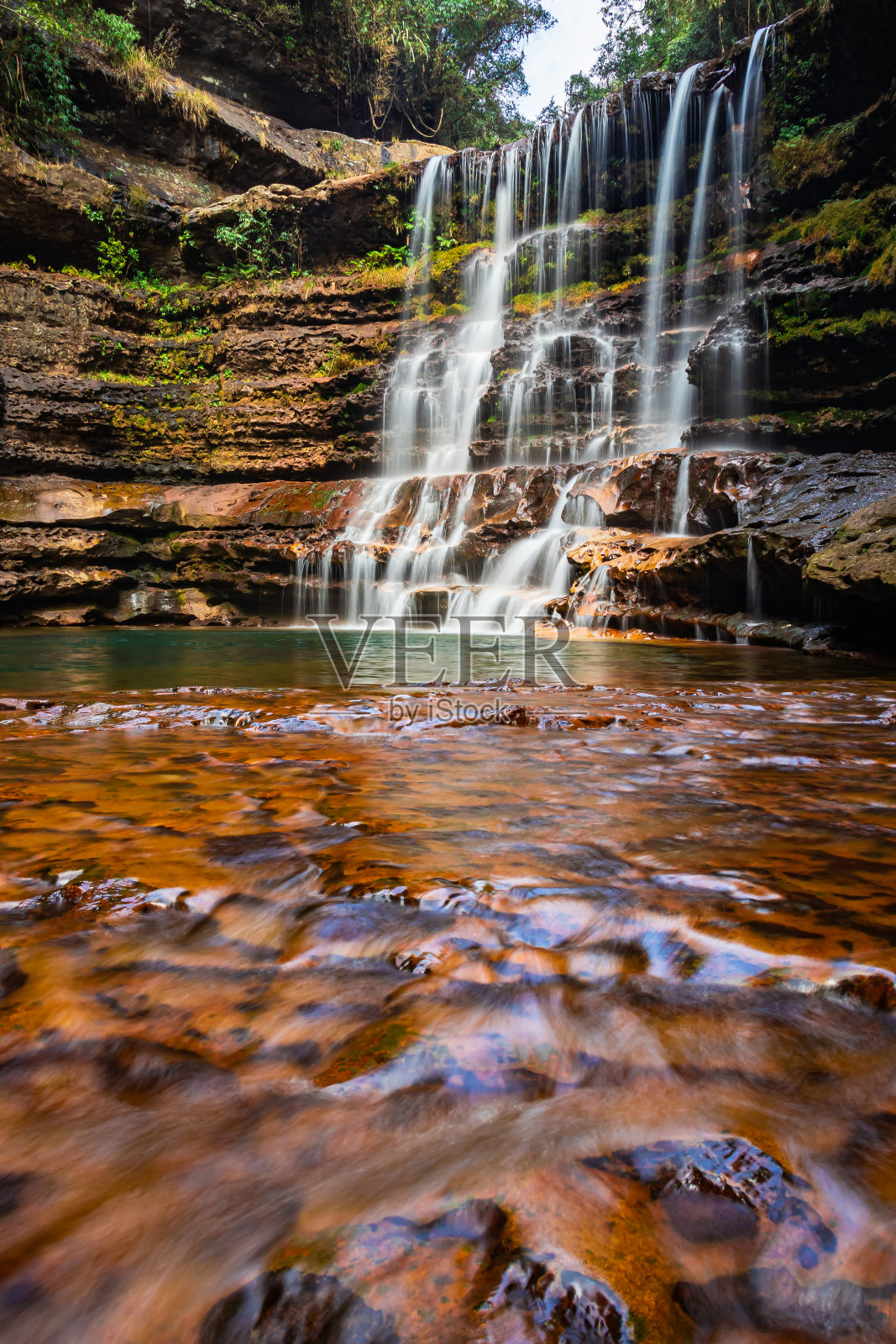 清晨，从低空的角度，瀑布从山顶的绿色森林中倾泻而下照片摄影图片