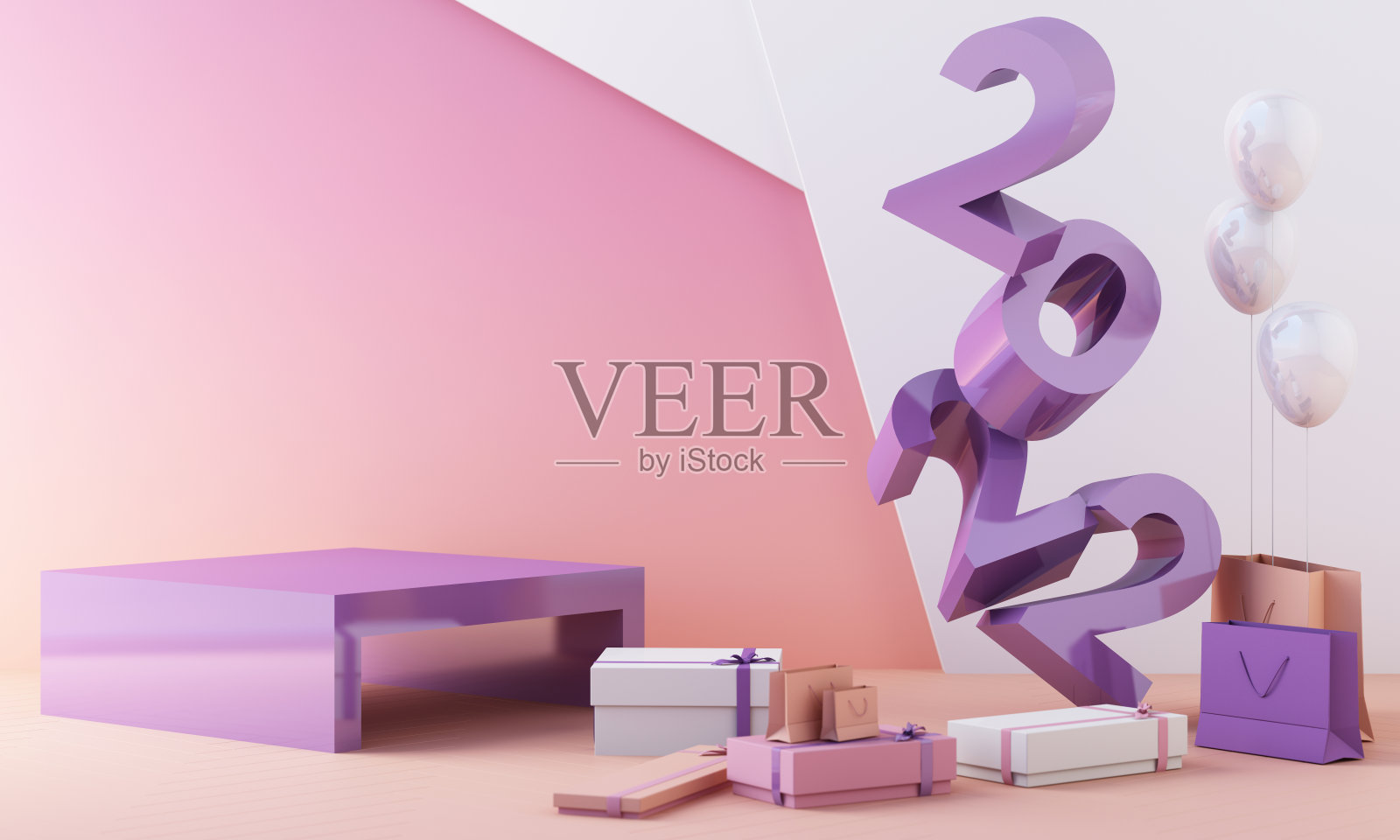 信中以2022年的新年为概念，以紫红色为潮流色调，四周围绕着几何形状的产品和带有透明球的礼品盒。三维渲染照片摄影图片