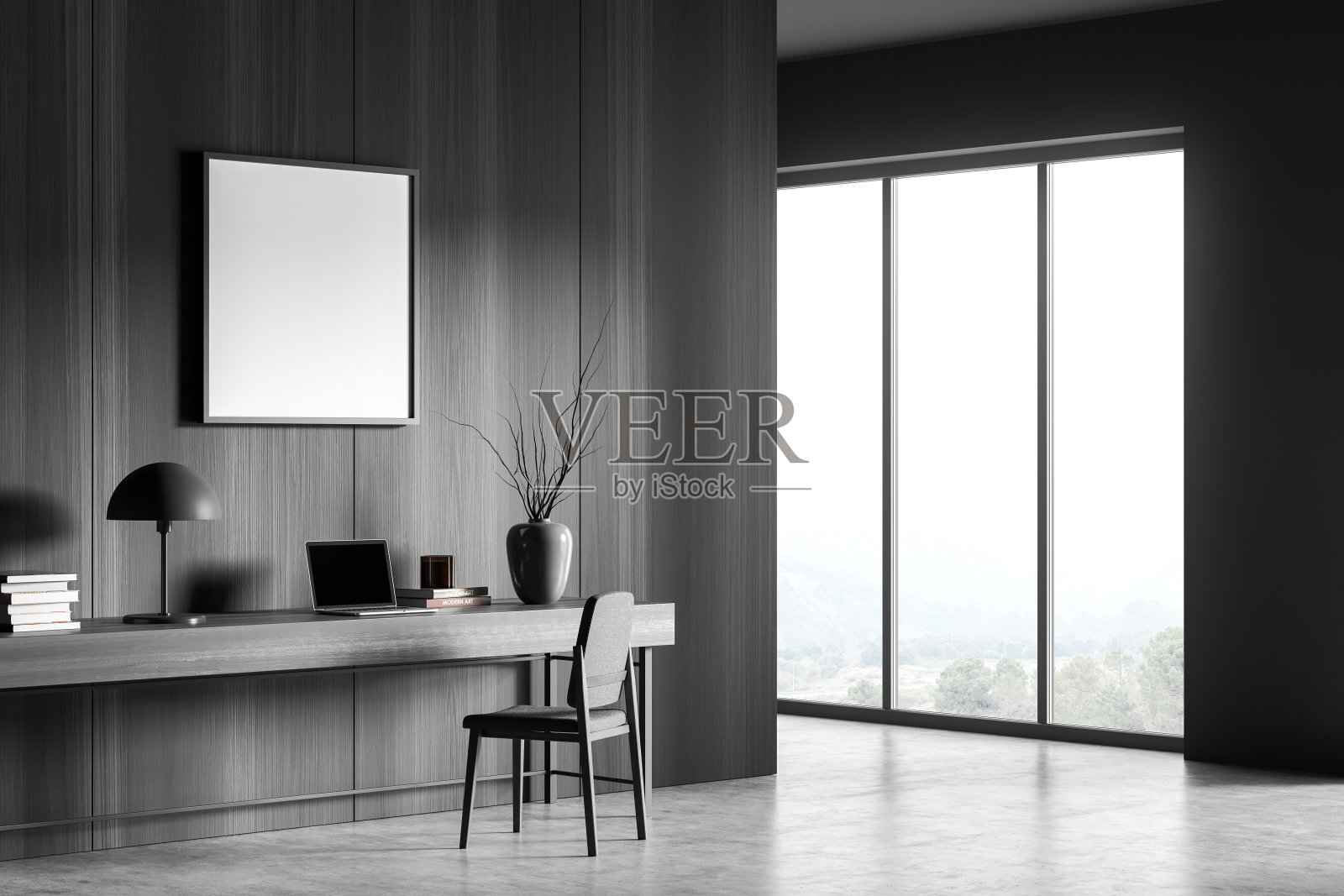 全景灰色家庭办公室的角落视图与混凝土地板照片摄影图片