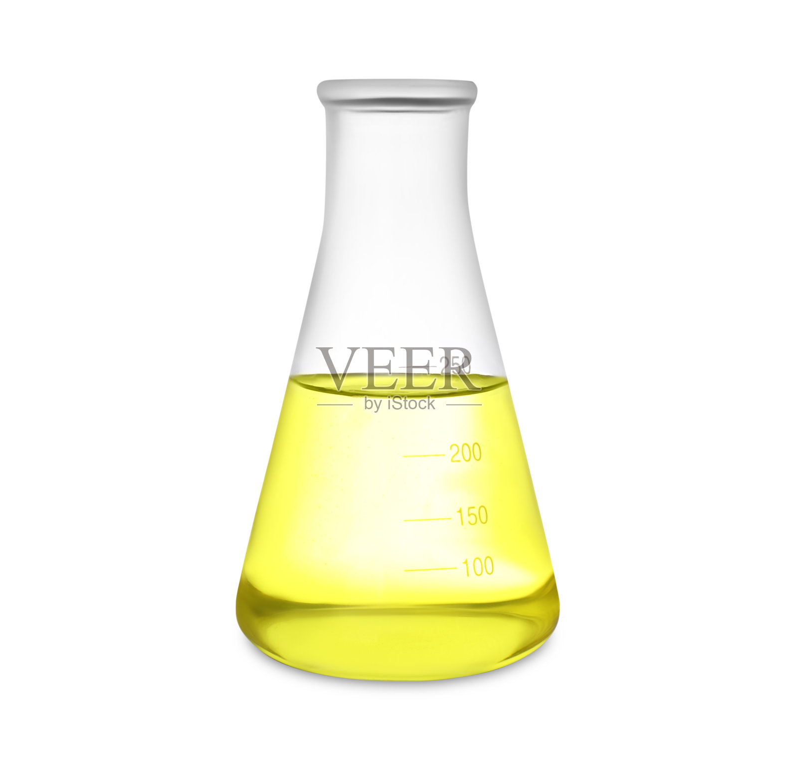 白色上有黄色液体的锥形烧瓶照片摄影图片