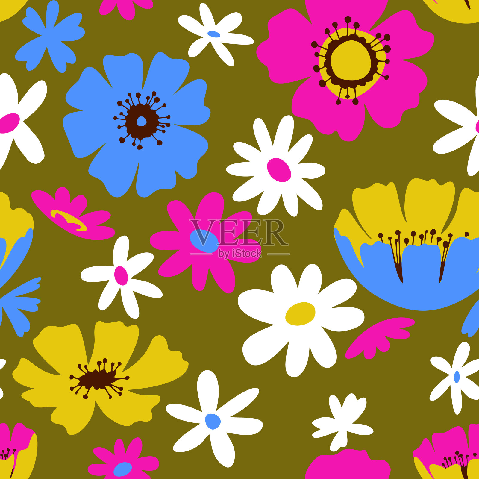 花无缝图案由开花草甸植物和野花和雏菊。手绘植物背景在流行的扁平风格。卡通绘画。自然主题和复古设计。插画图片素材