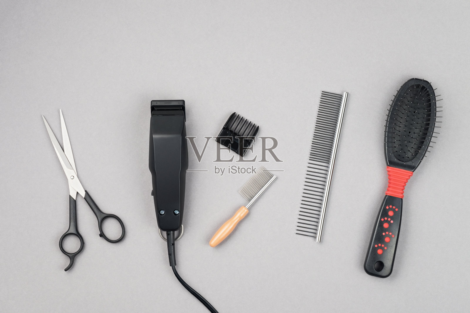 给狗梳毛的工具。剪刀、梳子,剪刀。动物护理的概念。本空间照片摄影图片