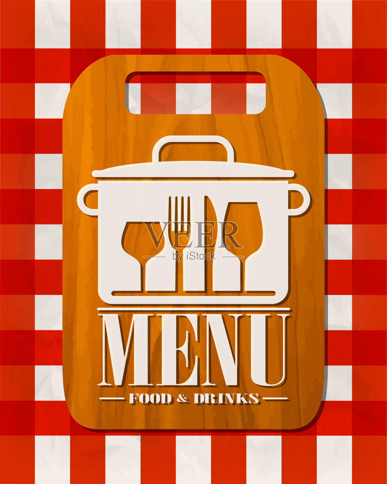 餐厅餐饮菜单，砧板放在红色桌布的背景上插画图片素材