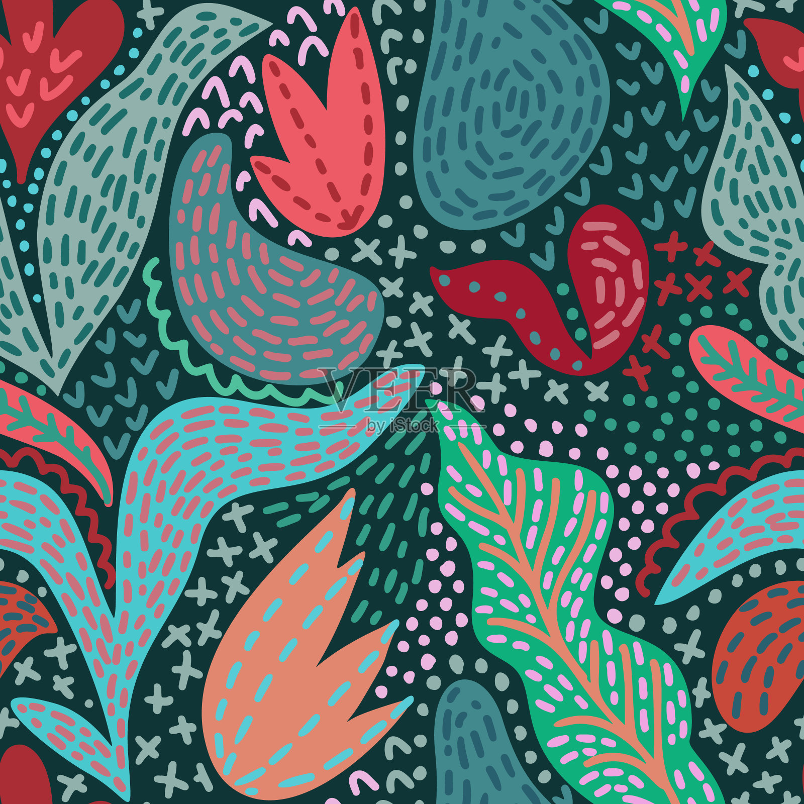 涂鸦无缝设计与花卉装饰。民间的风格。抽象的几何卡通图案。可爱的程式化的花朵。时髦的平面图纸。时尚背景壁纸，纺织品，织物和包装。插画图片素材