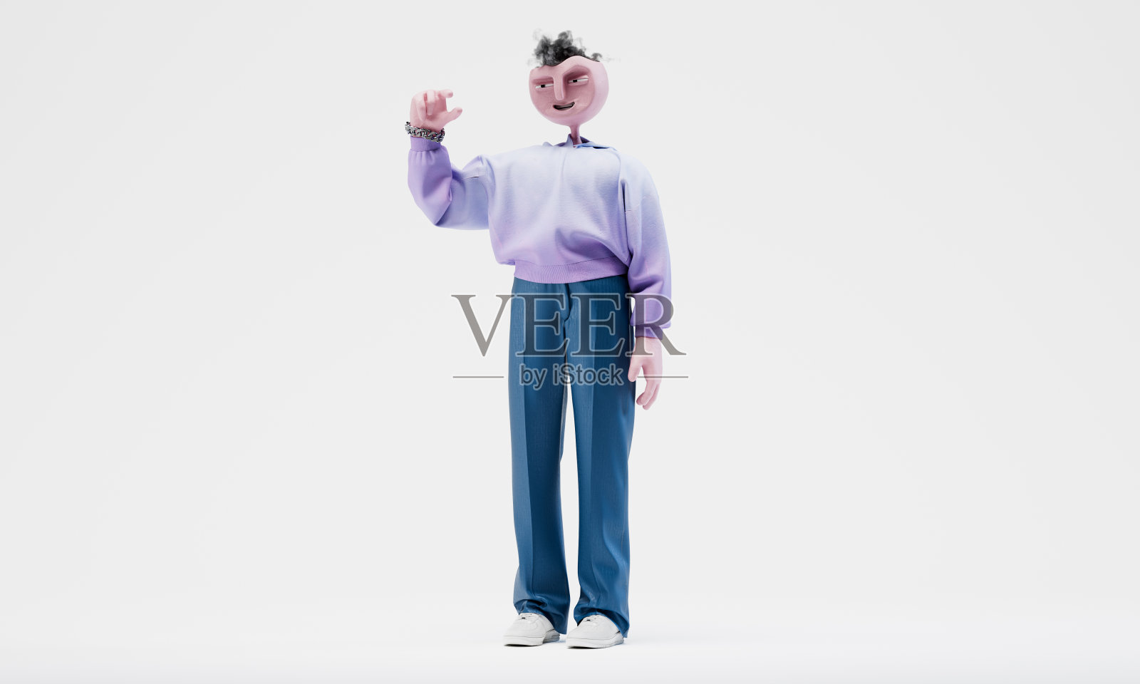 令人敬畏的特拉弗用手势展示少量。高度细致、时尚、时尚、抽象的个性。左视图。3 d渲染。照片摄影图片