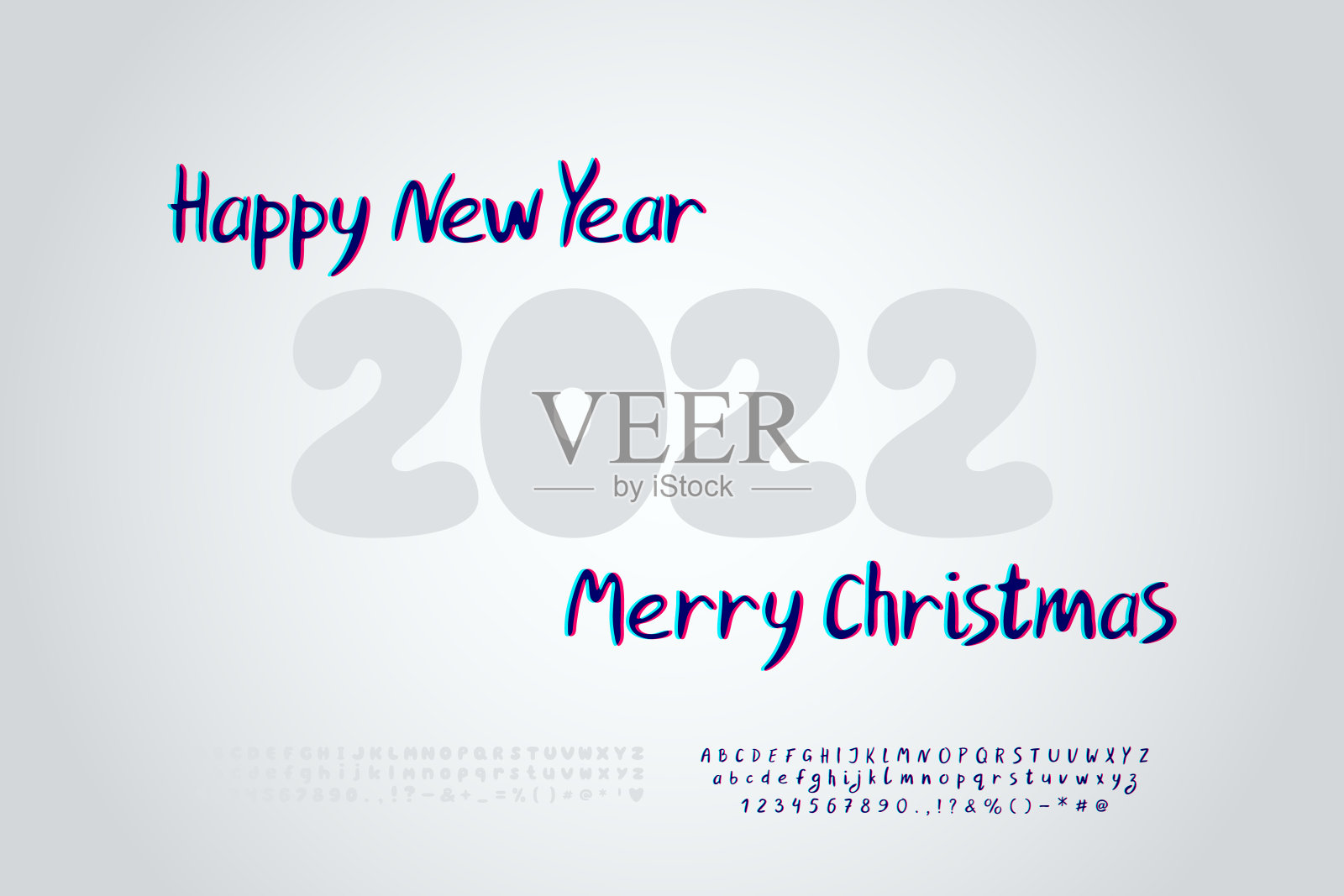 装饰海报新年快乐，圣诞快乐。现代glitch风格的字体在灰色梯度的背景。包括两种矢量字体集插画图片素材