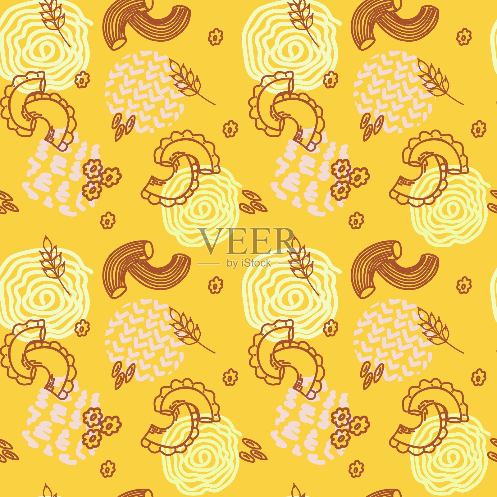 不同种类的意大利面在明亮无缝的背景。意大利面。意大利。涂鸦风格的向量。适用于包装和纺织。插画图片素材