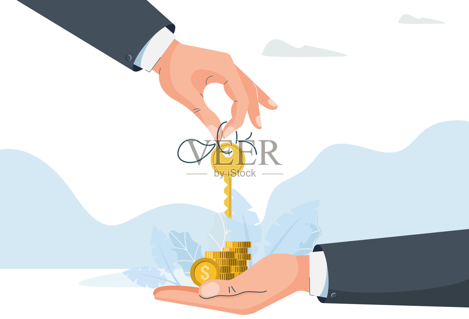 一只手把钥匙给另一只手和钱。概念购买购买。现代风格的矢量插图插画图片素材