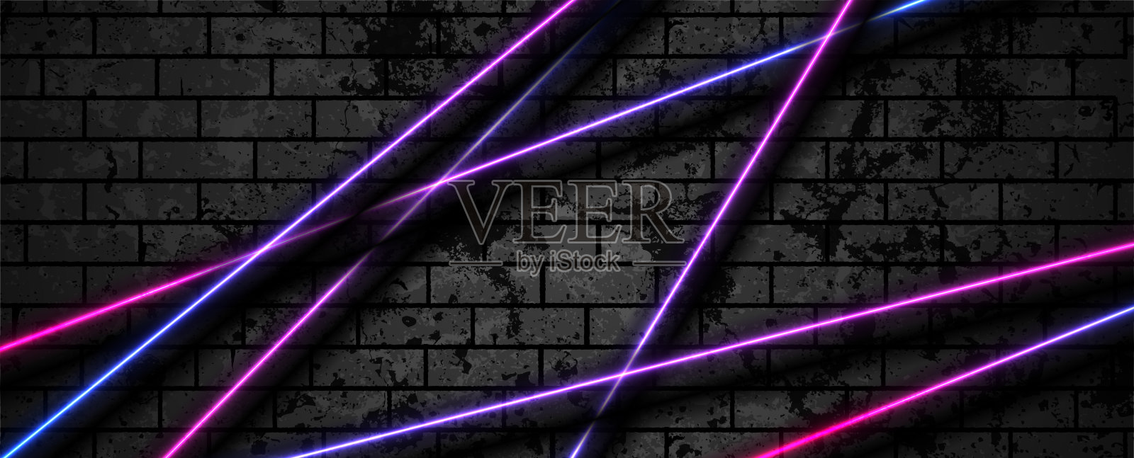 蓝色紫色霓虹灯线在垃圾砖墙的背景插画图片素材