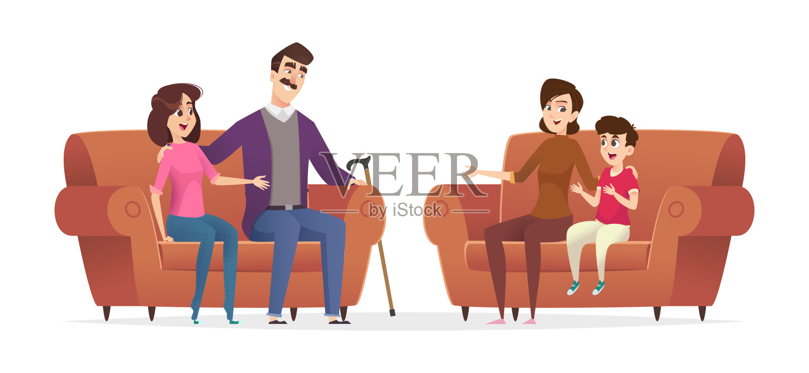 一个友好的家庭坐在沙发上。父母和孩子们聊得很开心。矢量图插画图片素材