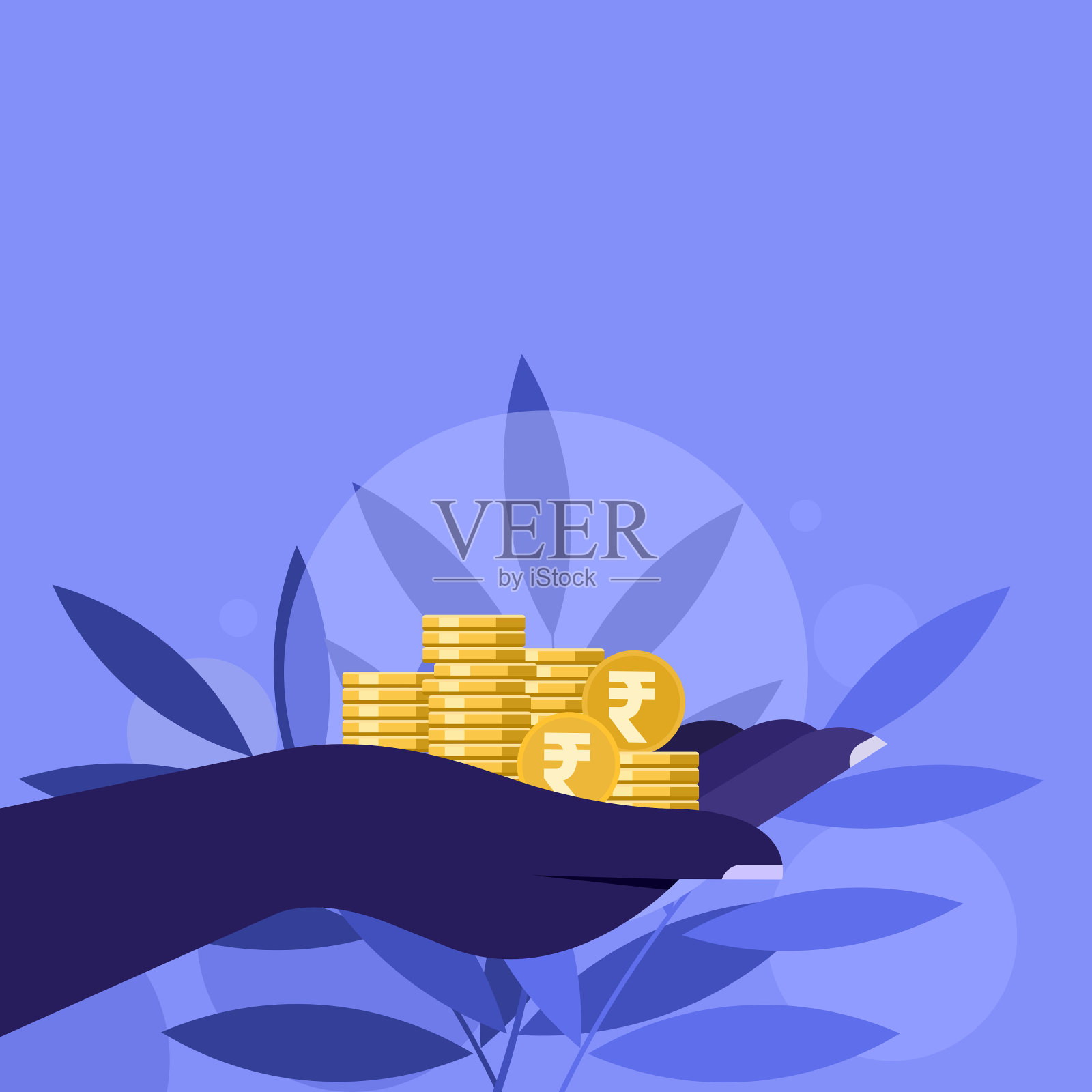 手里拿着成堆的印度卢比硬币插画图片素材