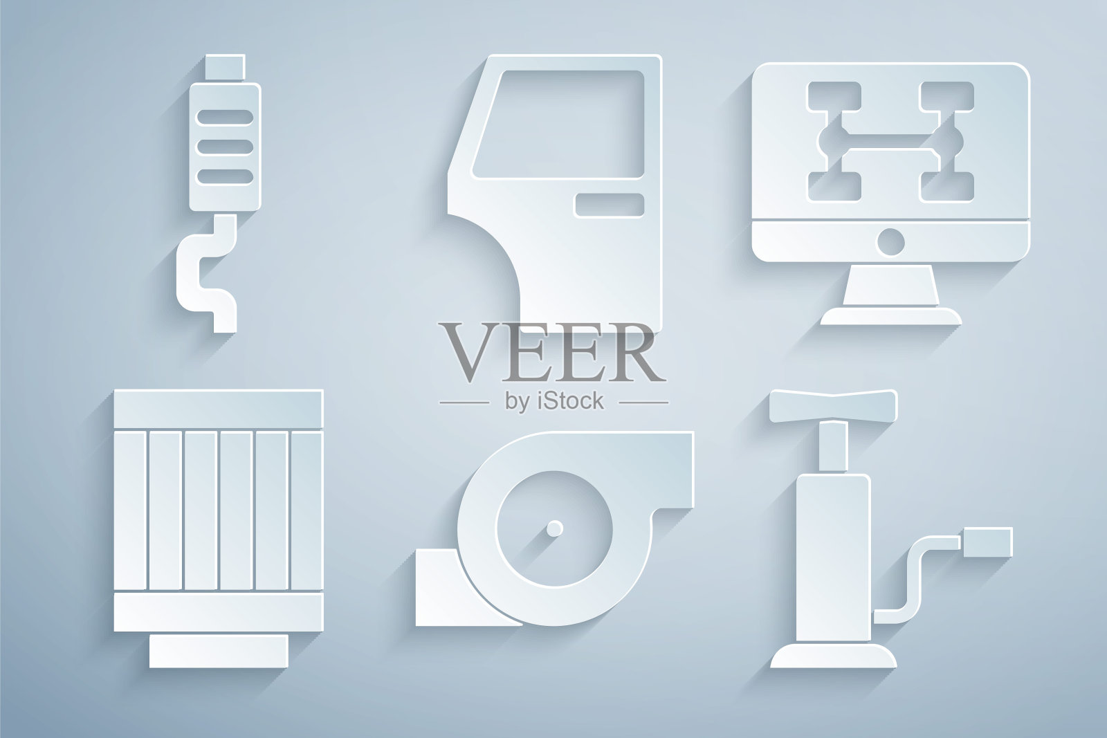 设置汽车涡轮增压器，汽车诊断条件，汽车空气过滤器，泵，门和消声器图标。向量图标素材
