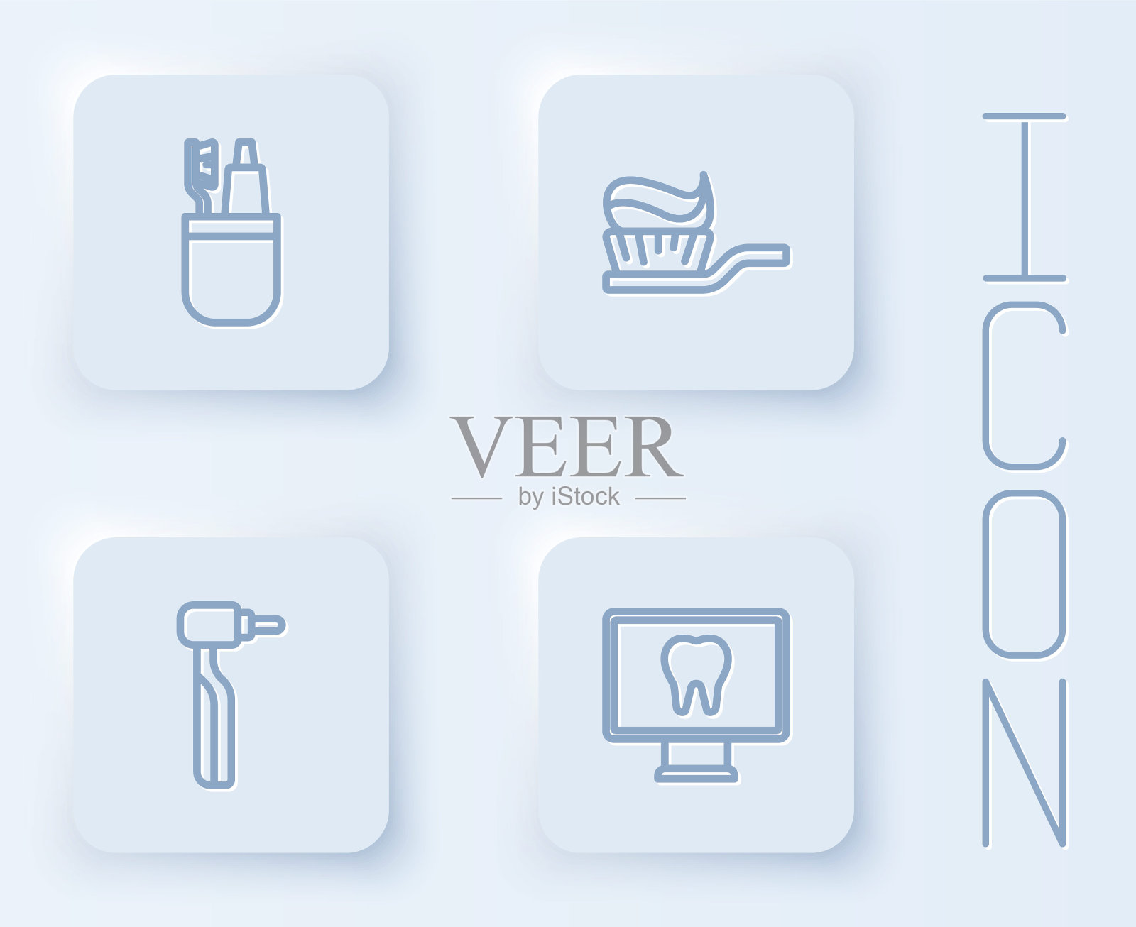 设置线牙刷和牙膏，与，钻和在线牙科保健。白色正方形按钮。向量插画图片素材