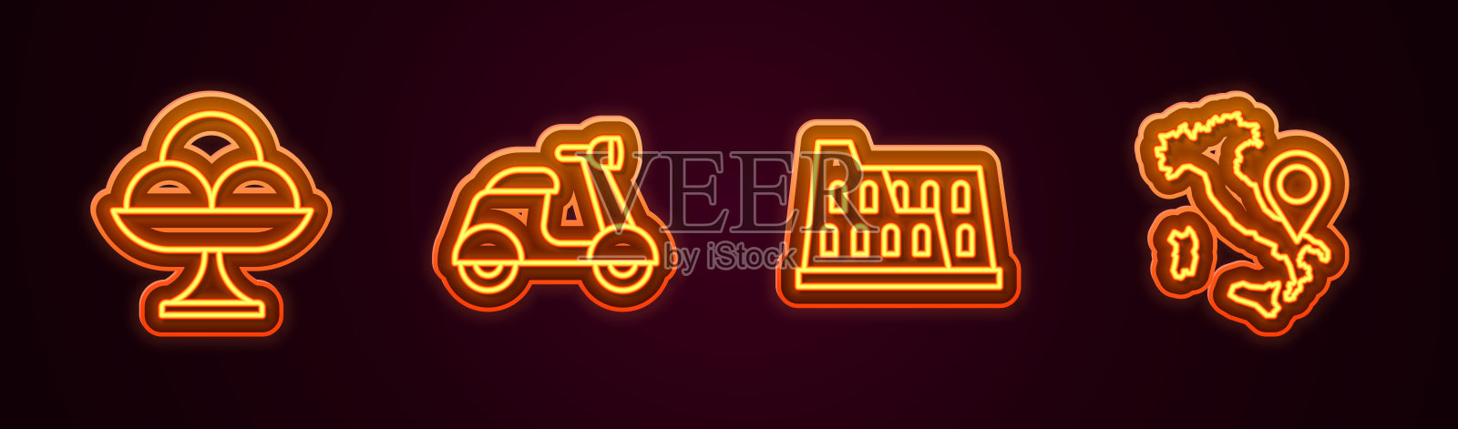 Set line Ice cream in the bowl, Scooter, colosiseum和意大利地图。发光的霓虹灯图标。向量插画图片素材