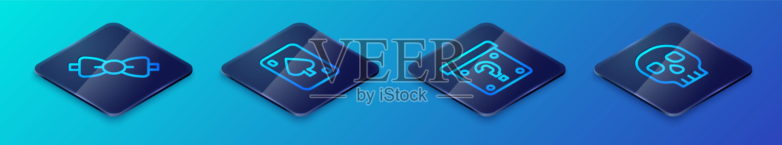 设置等距线神秘盒，蝴蝶结，骷髅和扑克牌图标。向量插画图片素材