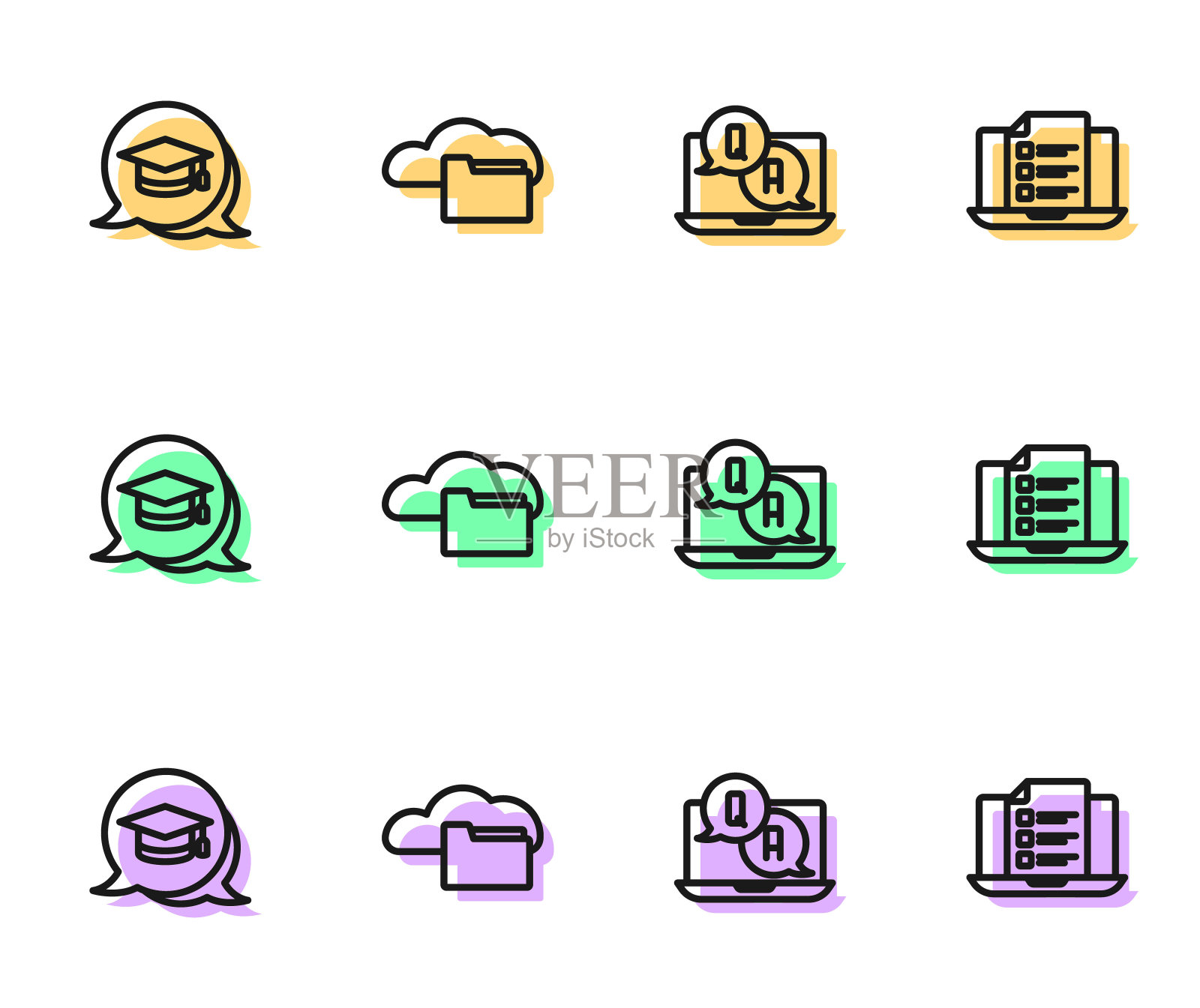 设置线问题和答案，毕业帽在演讲气泡，云或在线图书馆和在线测验，测试，调查图标。向量图标素材