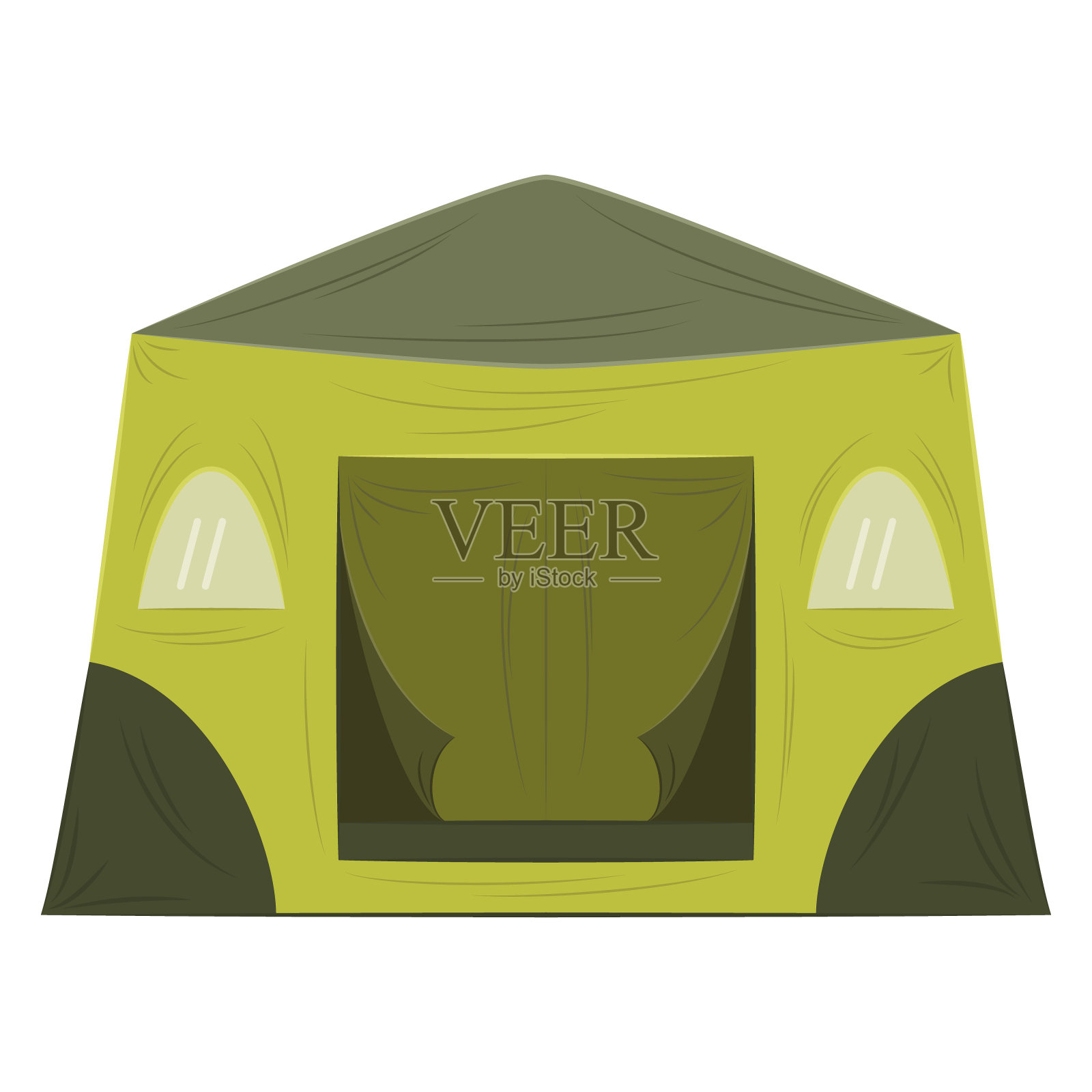 供游客、旅行者、运动员使用的大帆布帐篷。有窗户的绿色帐篷，可以用来露营，挡风遮雨，睡觉和放松。矢量图标，平面，卡通，孤立设计元素图片