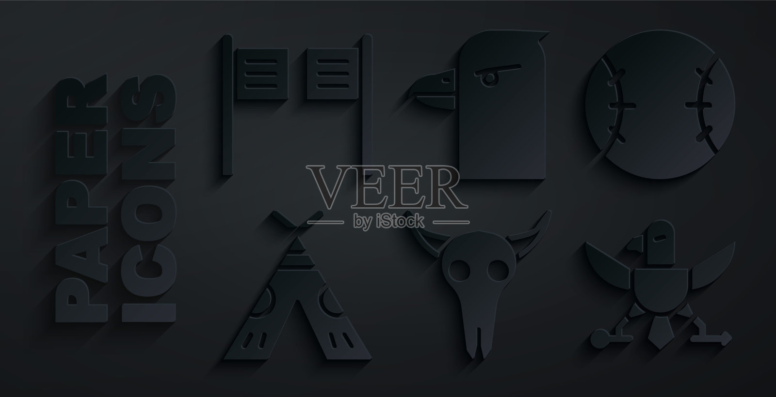 设置水牛头骨，棒球，印第安帐篷或棚屋，鹰，头和沙龙门图标。向量插画图片素材