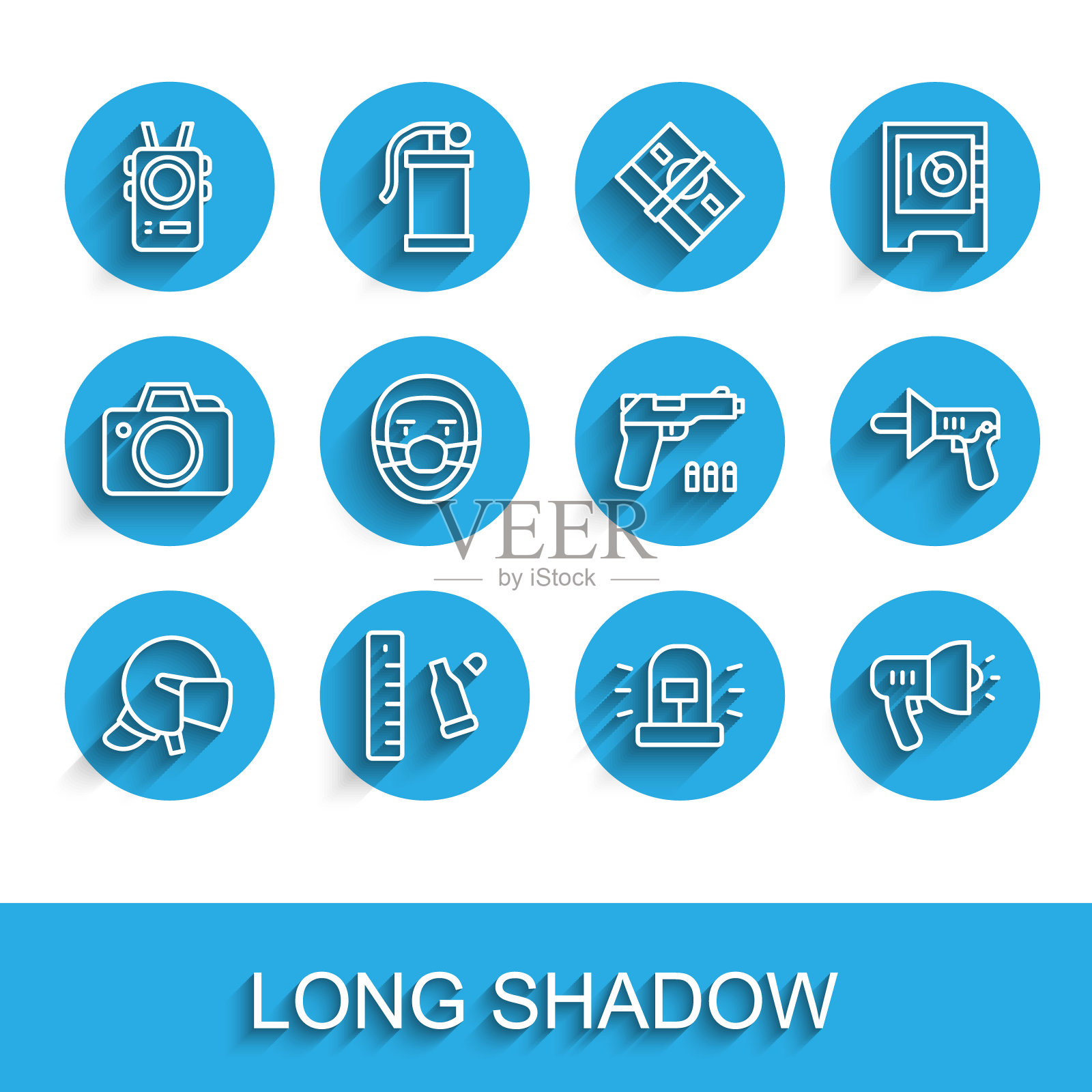 设置线警察头盔，弹壳与尺，身体摄像头，闪光警报器，扩音器，医生病理学家，手枪图标。向量插画图片素材