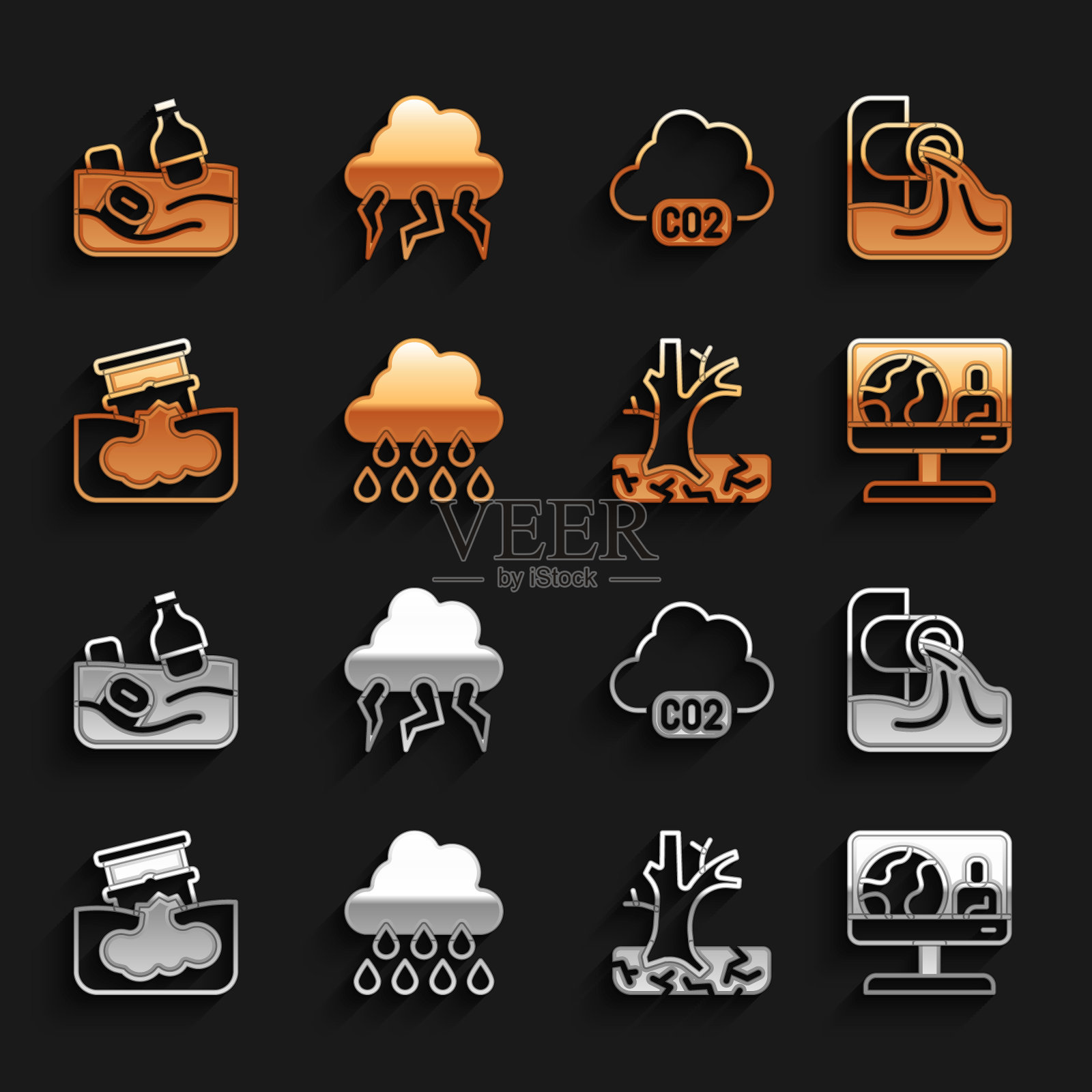 设置云与雨，废水，天气预报，枯树，桶油泄漏，二氧化碳排放云，海洋污染问题和风暴图标。向量图标素材