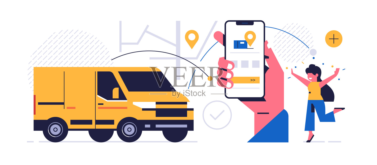 网上包裹递送服务理念。手机应用程序的概念。手持手机，展示包裹递送申请。卡车把订单送到一个快乐的女人那里。平面向量插图插画图片素材