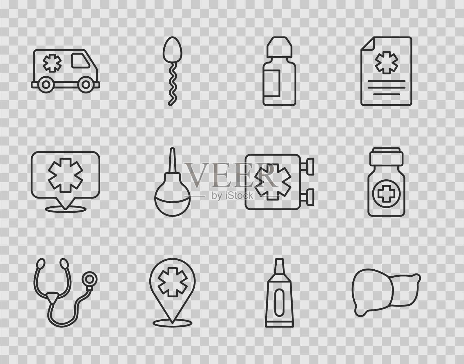 设置线听诊器，人体脏器，滴眼液瓶，位置与医院交叉，急救车，灌肠，药膏，药膏管药和药丸图标。向量图标素材