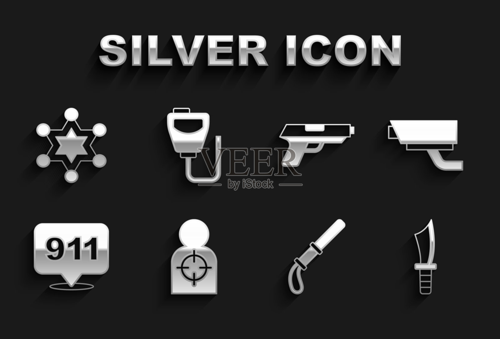 设置人体目标运动射击，安全摄像机，军刀，警察橡皮棒，电话911，手枪，Hexagram警长和对讲机图标。向量图标素材