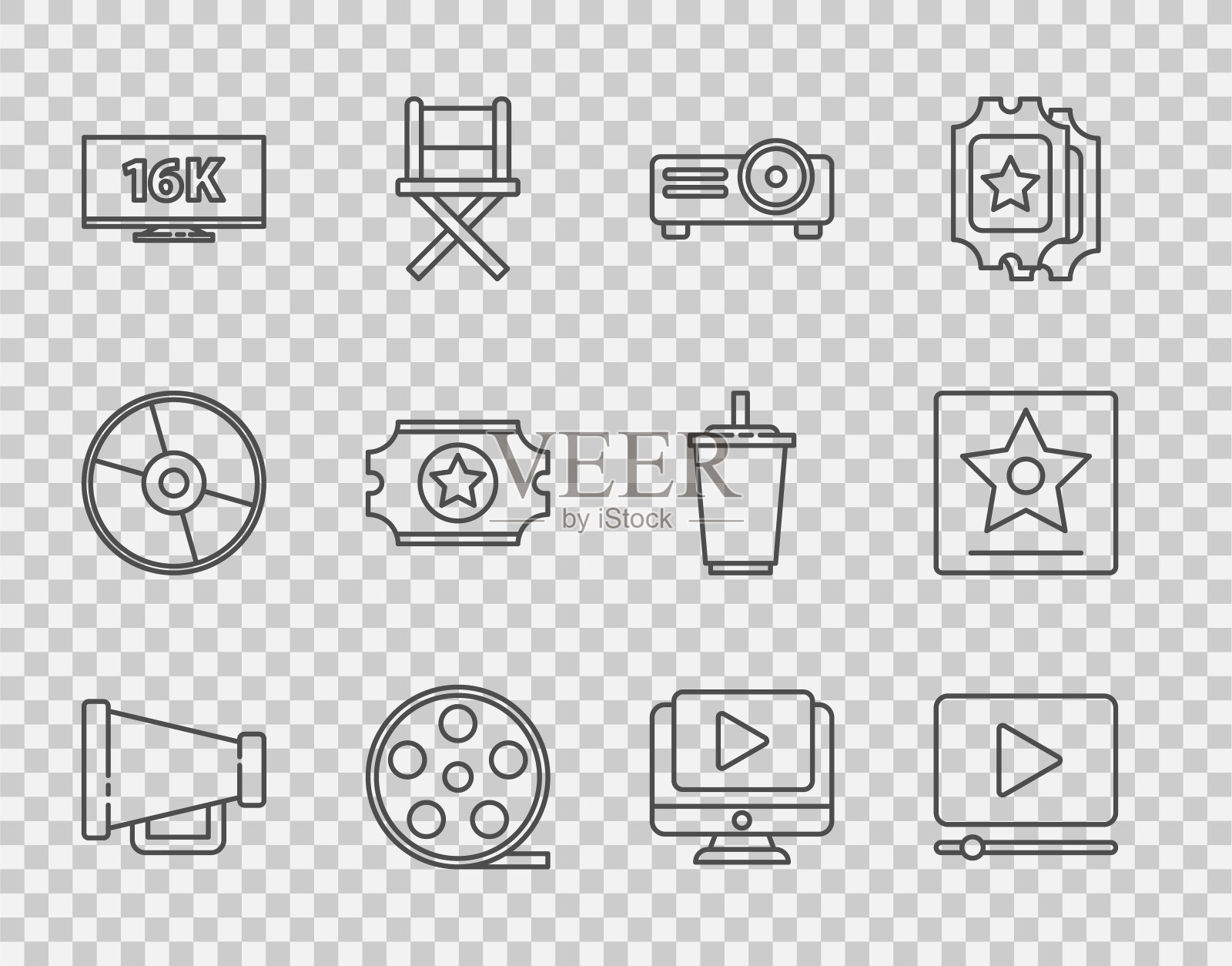 集线扩音器，在线播放视频，电影，电影，媒体投影仪，电影卷轴，屏幕电视与16k，电影票，好莱坞星光大道的明星图标。向量图标素材