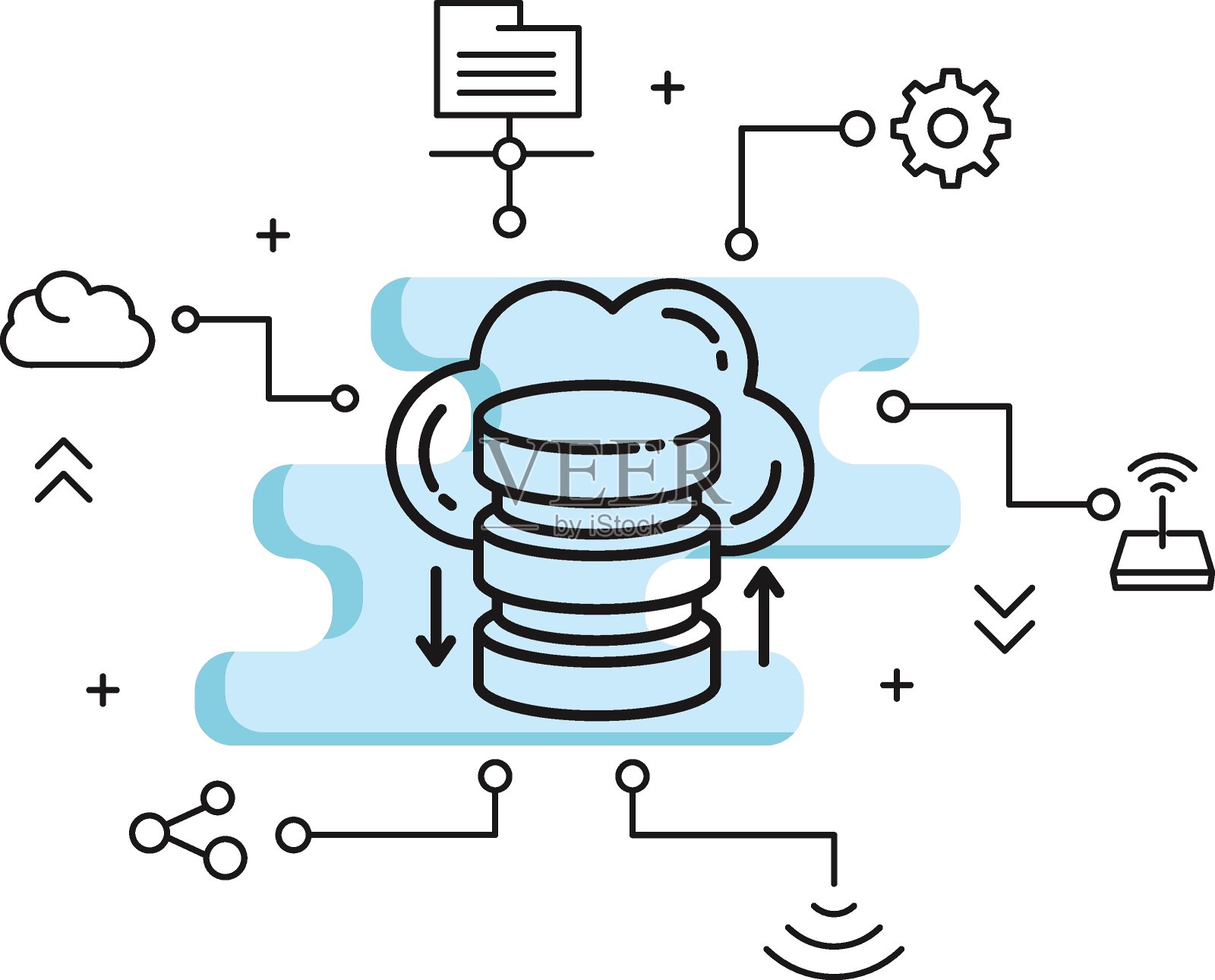 服务器和存储传输矢量图标设计，云计算和互联网托管服务符号，远程数据库服务器股票插图，云数据库数据传输概念插画图片素材