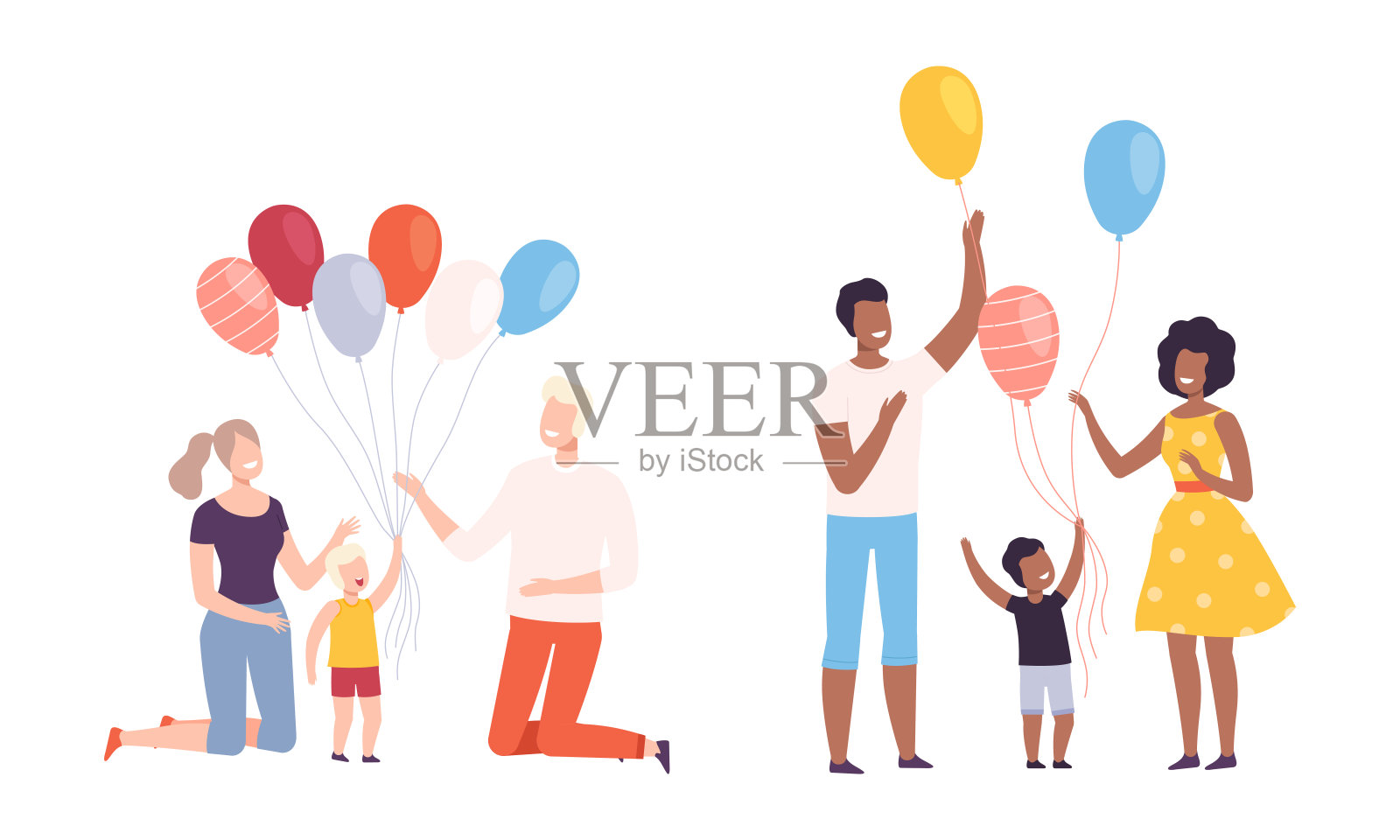 家庭周末与母亲和父亲步行与孩子们拿着一束彩色气球矢量集设计元素图片