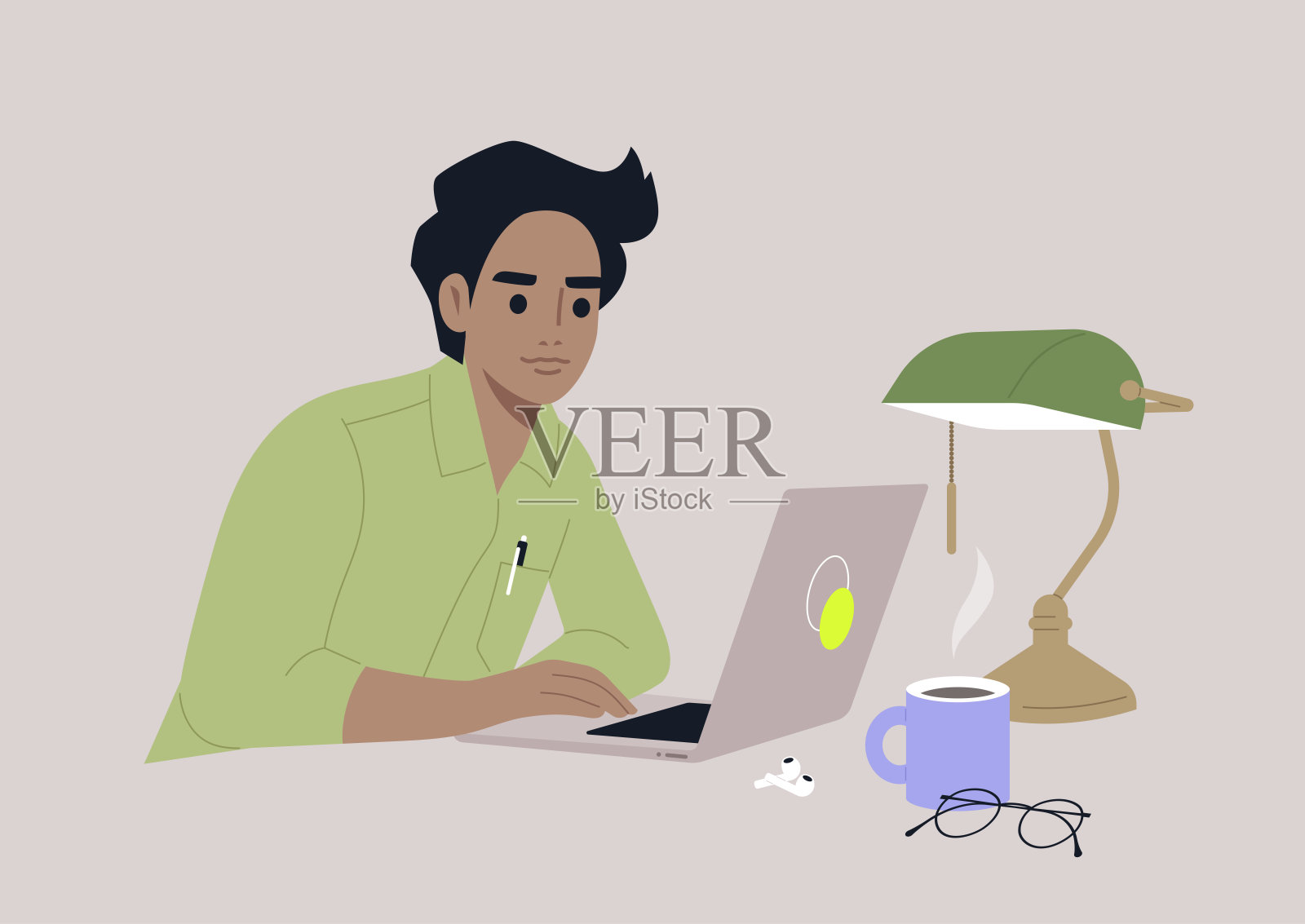 一个年轻的白人男性角色在图书馆工作，桌上放着一盏绿色玻璃复古台灯插画图片素材