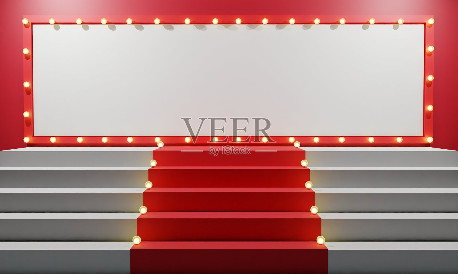 红色的讲台上有霓虹灯在红色的房间里。3 d渲染。照片摄影图片