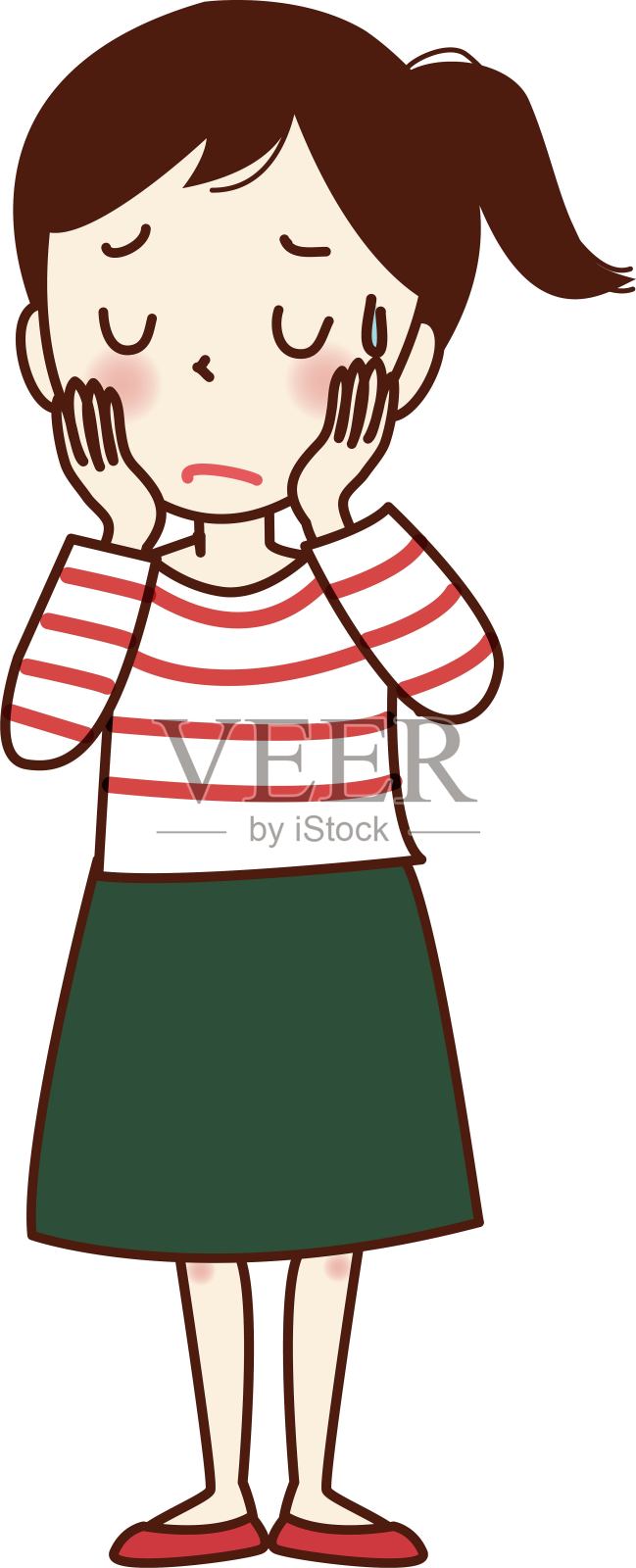 一个年轻女子，手放在脸颊上，脸上带着不安的表情。插画图片素材