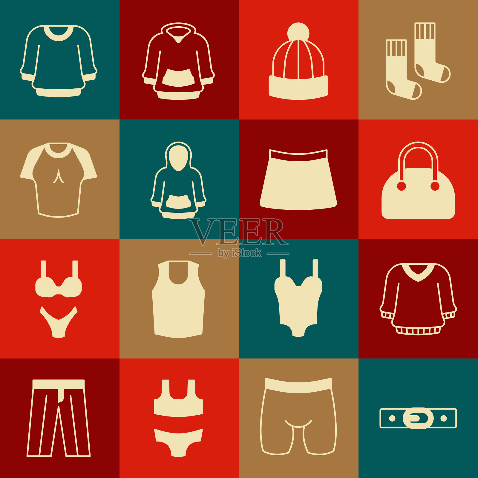 设置腰带，毛衣，手提包，冬季帽子，帽衫，t恤，和裙子图标。向量插画图片素材