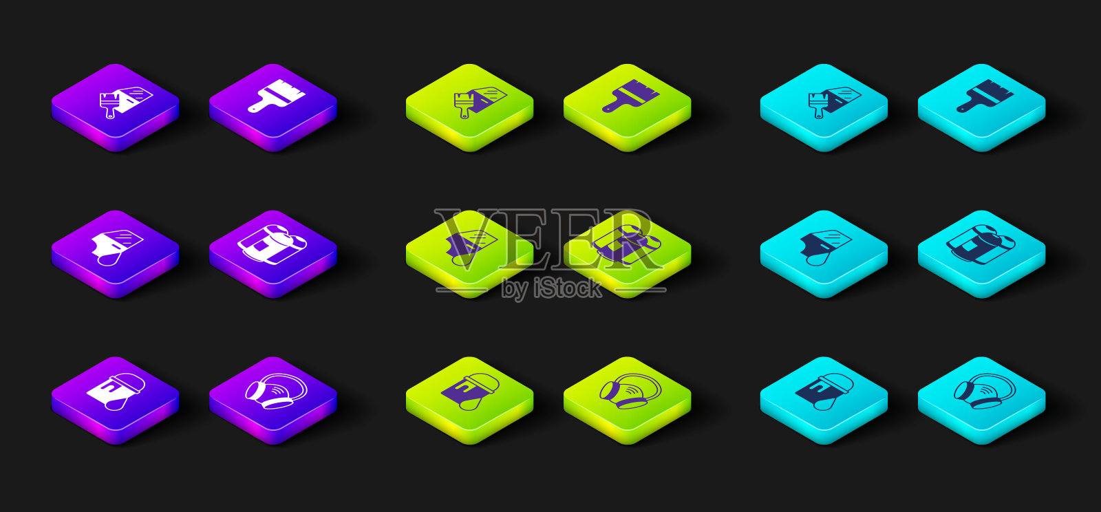 设置油漆桶，防毒面具，汽车喷漆，喷雾罐，刷子和图标。向量图标素材