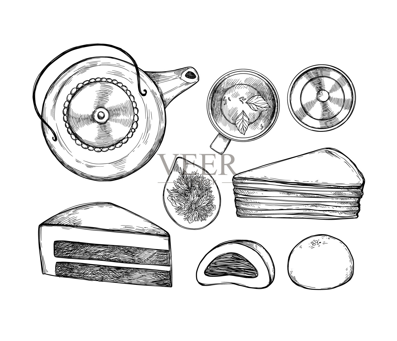 手绘矢量插图。亚洲的例程。传统茶具有茶壶、茶杯、盖碗、茶叶。前视图。抹茶蛋糕。完美的菜单和传单为咖啡馆，餐馆插画图片素材