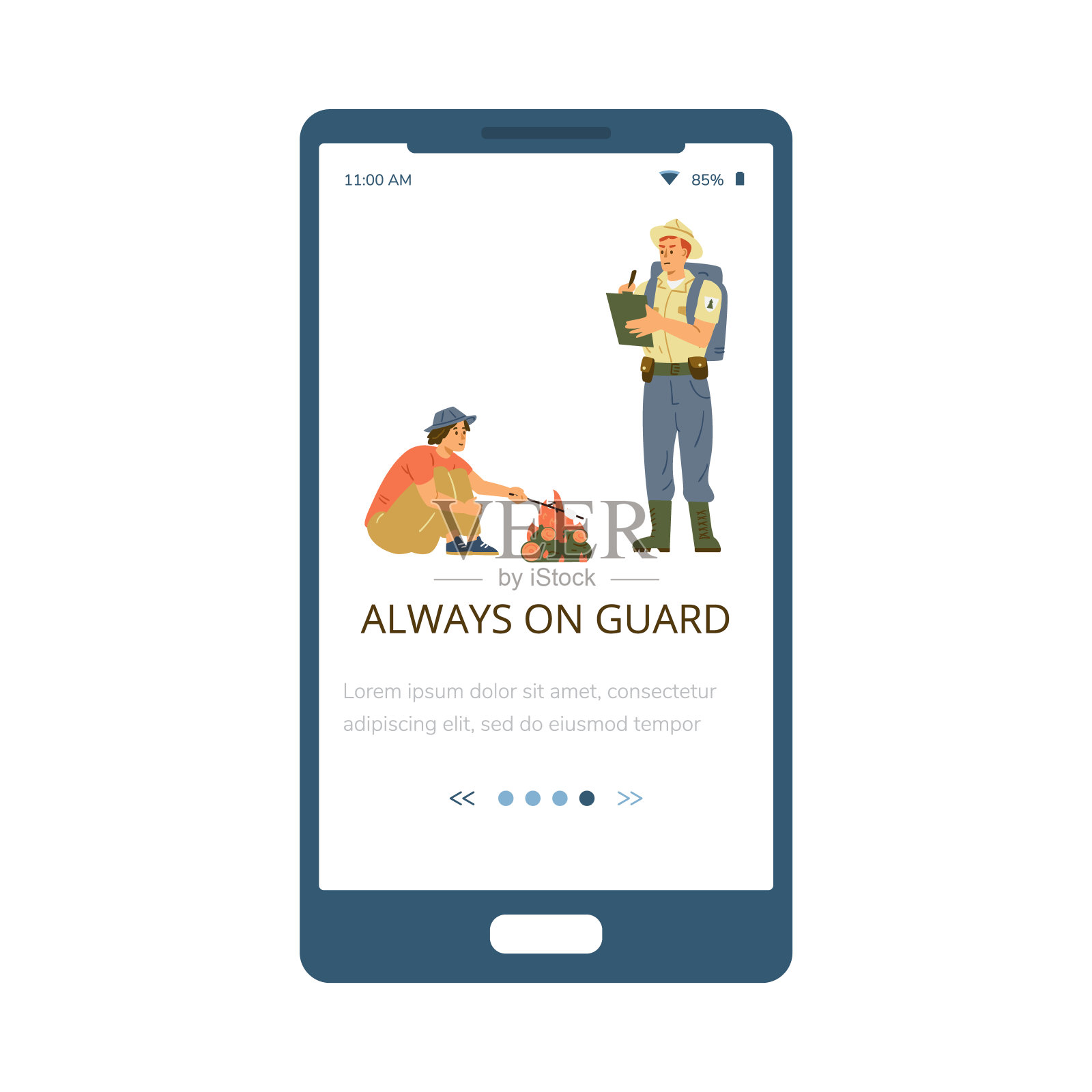 游骑兵守卫部队移动应用开始页面，平面矢量插图。插画图片素材