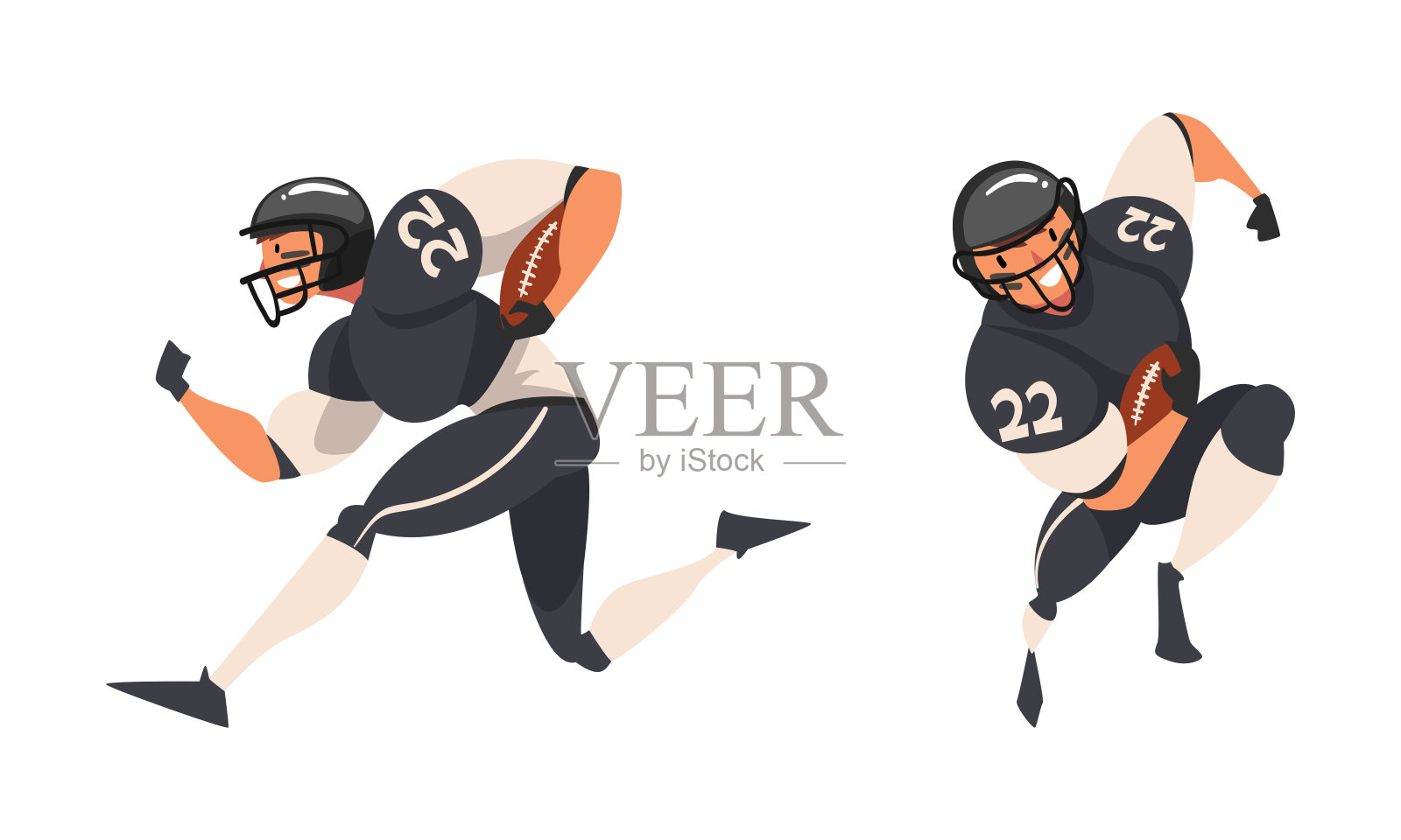橄榄球运动员在球场矢量集合上，手持椭圆形球匀速奔跑，进行紧密接触的团队运动设计元素图片