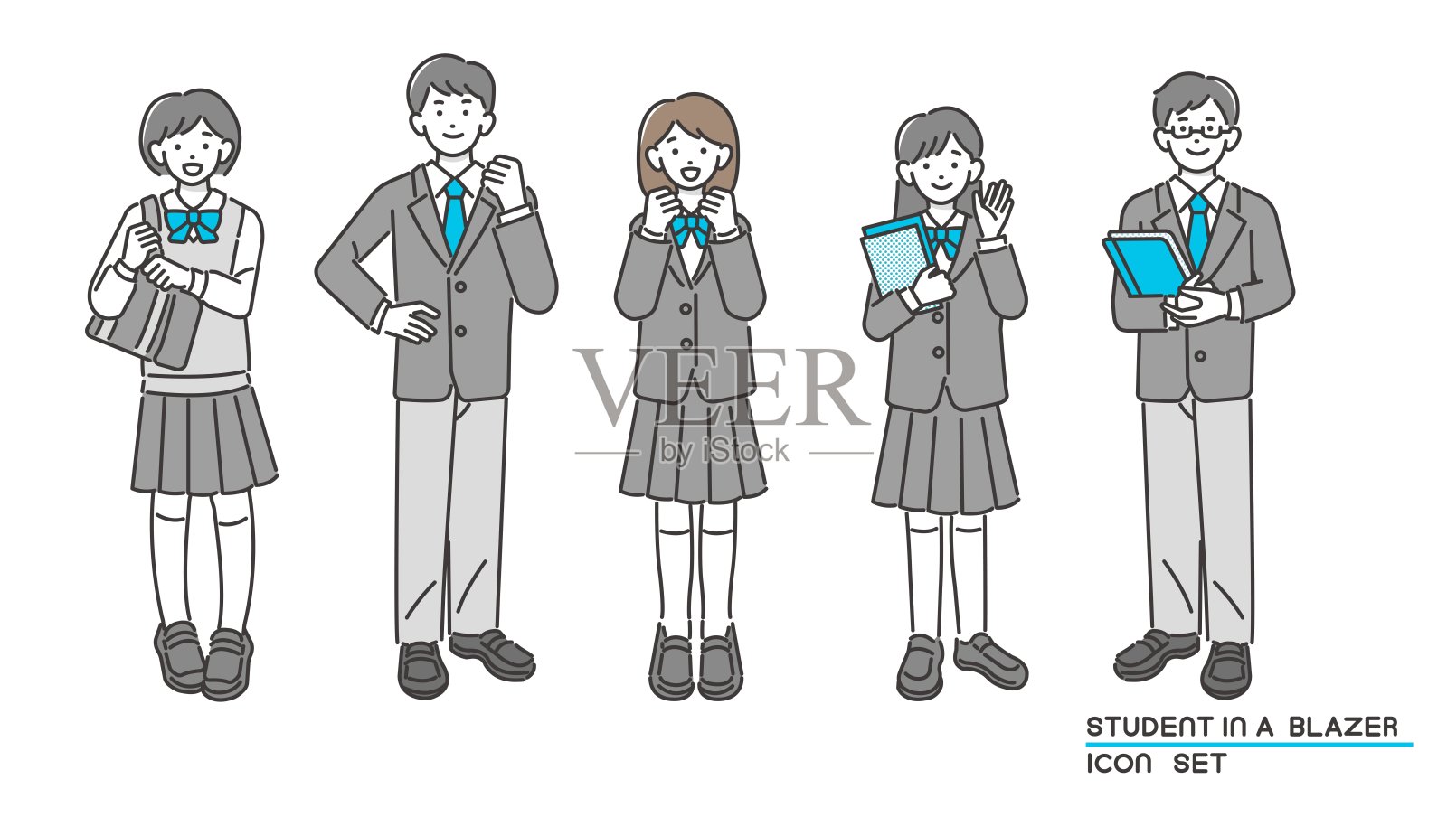 矢量插图的男性和女性学生穿着运动夹克制服/制服/高中学生/初中学生插画图片素材