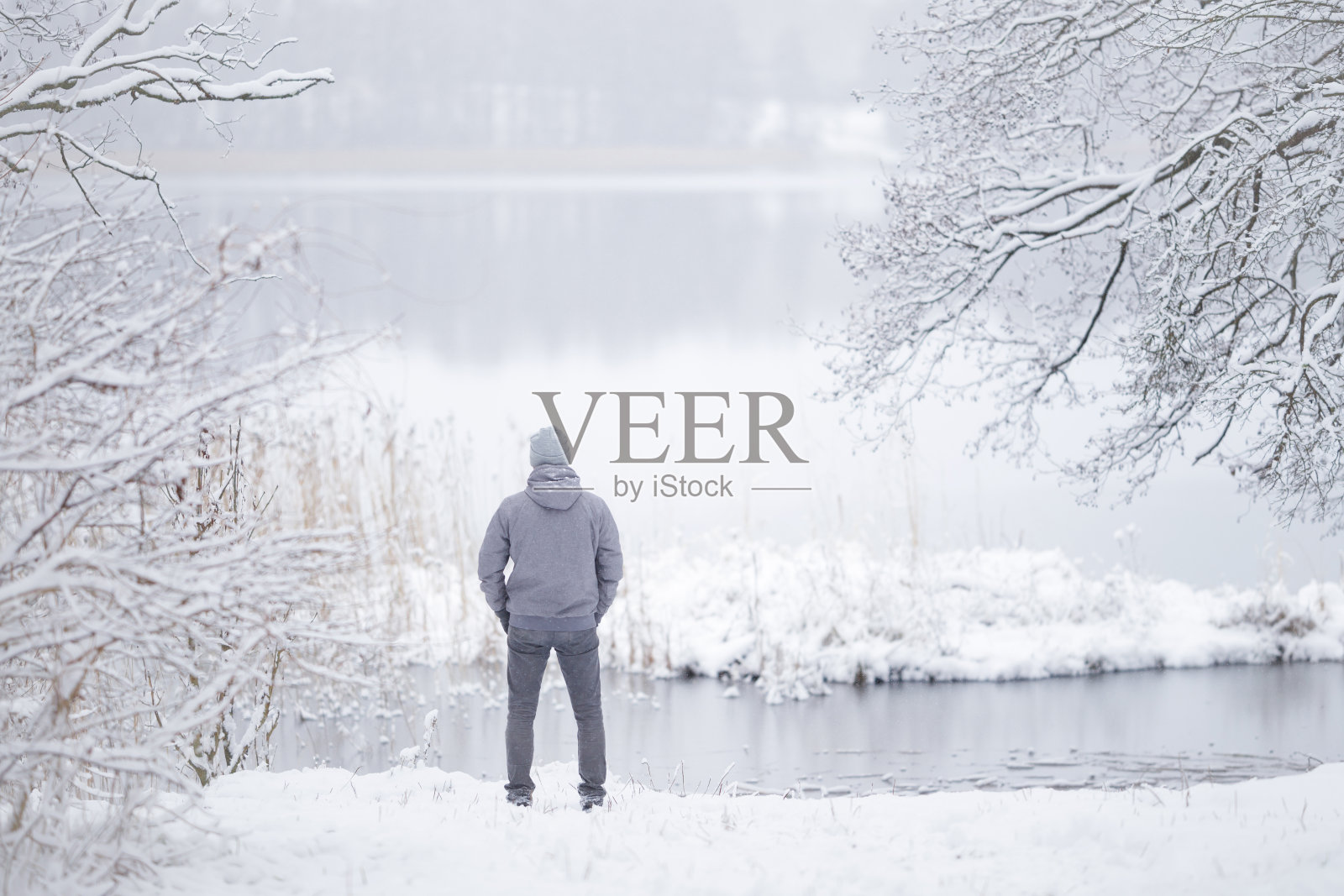 年轻的成年人站在湖边的雪地上望着远方。洁白寒冷的雪天。对生活的想法。在大自然中独处。和平的气氛。后视图。照片摄影图片