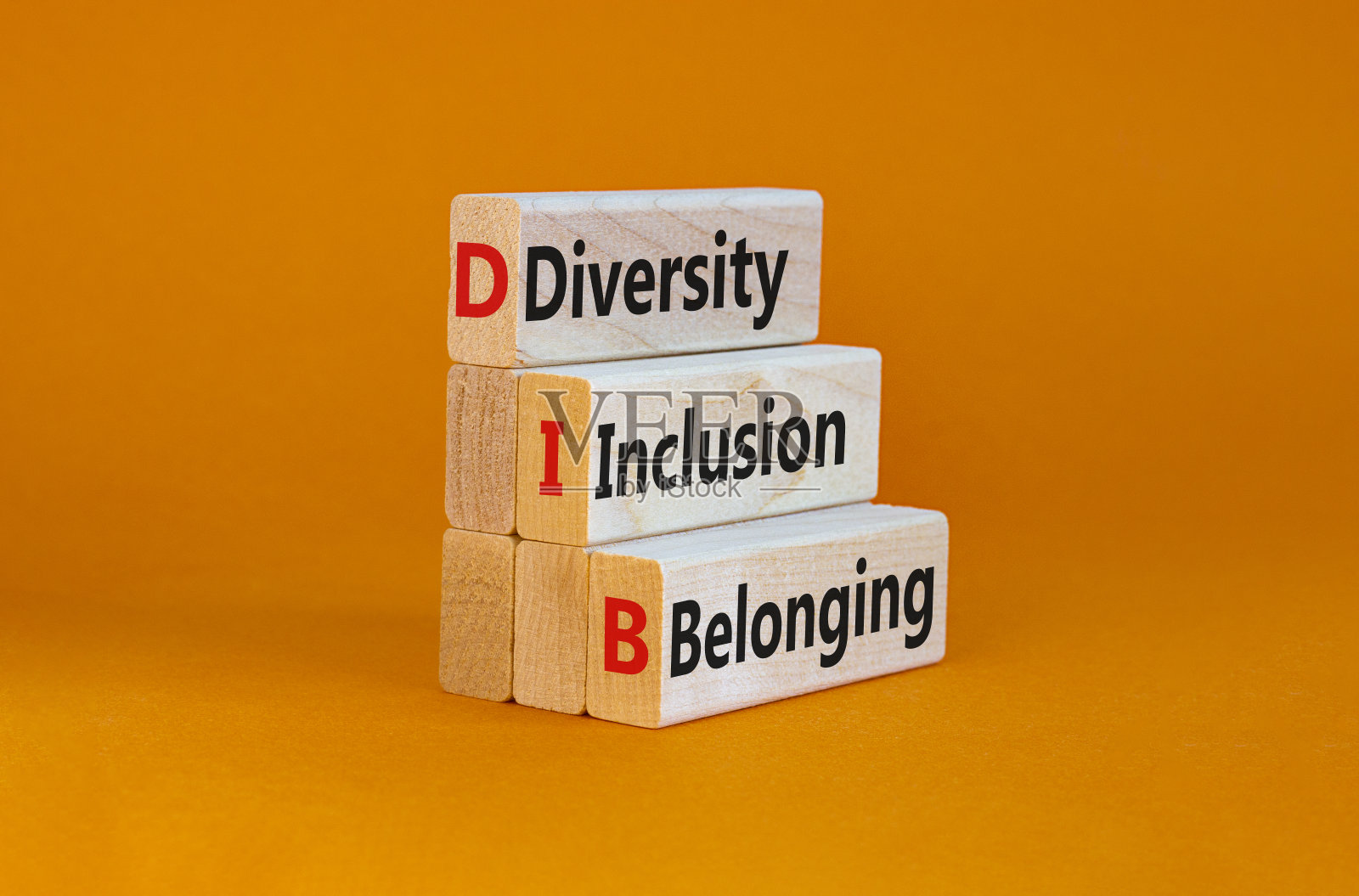 DIB，多样性、包容和归属的象征。木块与文字DIB，多样性，包容和归属于美丽的橙色背景。商业、多元化、包容和归属感。照片摄影图片